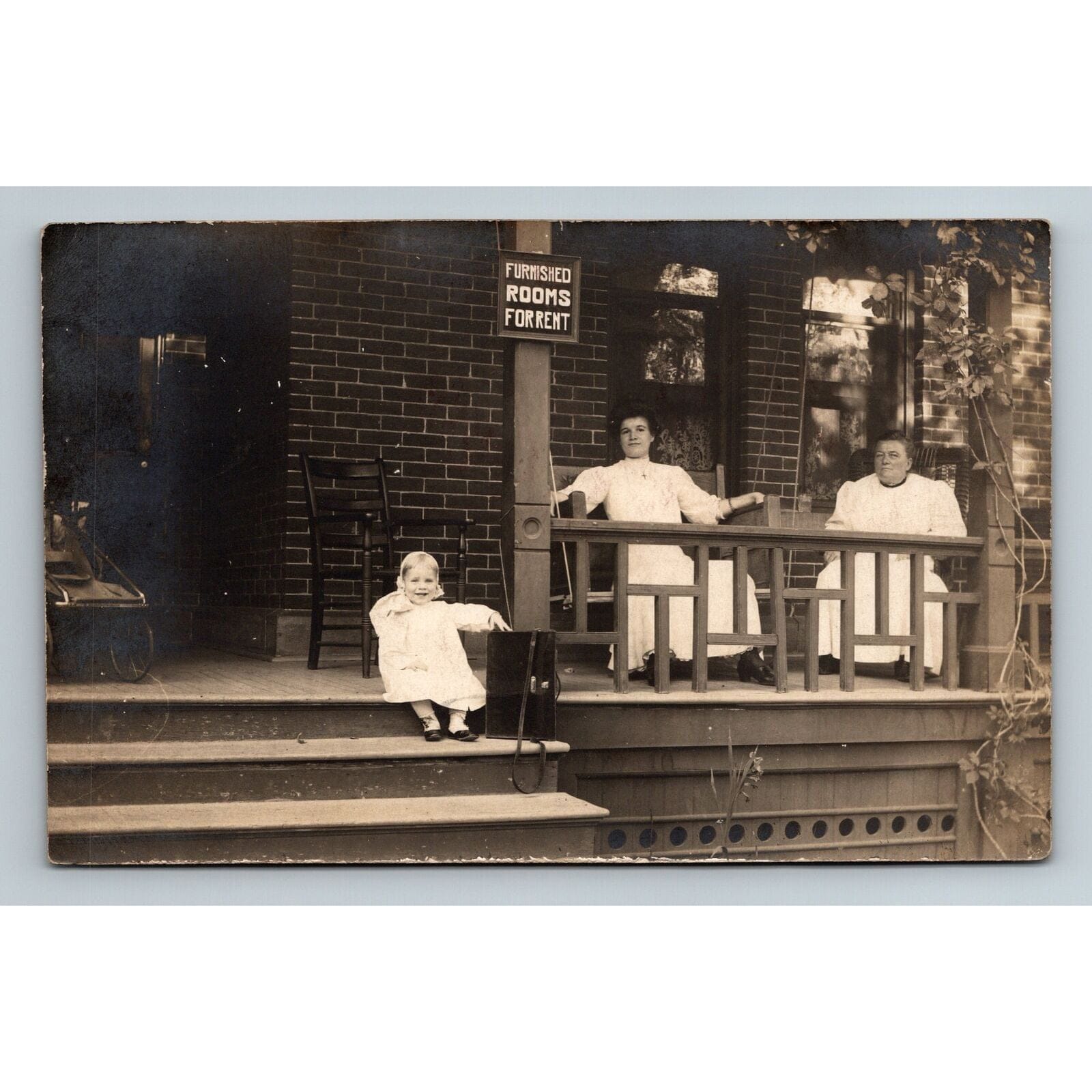 1908 RPPC Denver CO Women Child Porch Sign "Furnished Rooms for Rent" Real Photo