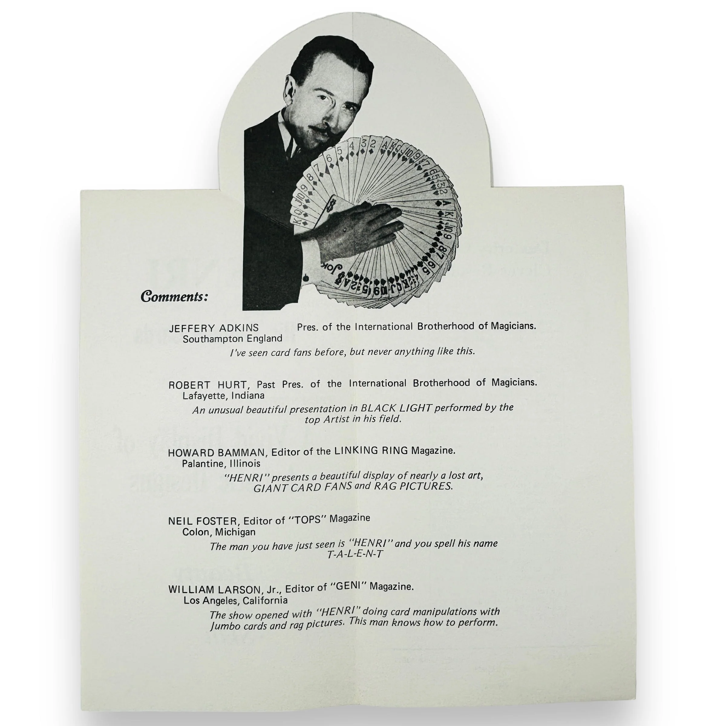 c.1950s Henri and His Famous Cards Lyle Henry Pop-Up Performance Advertisement