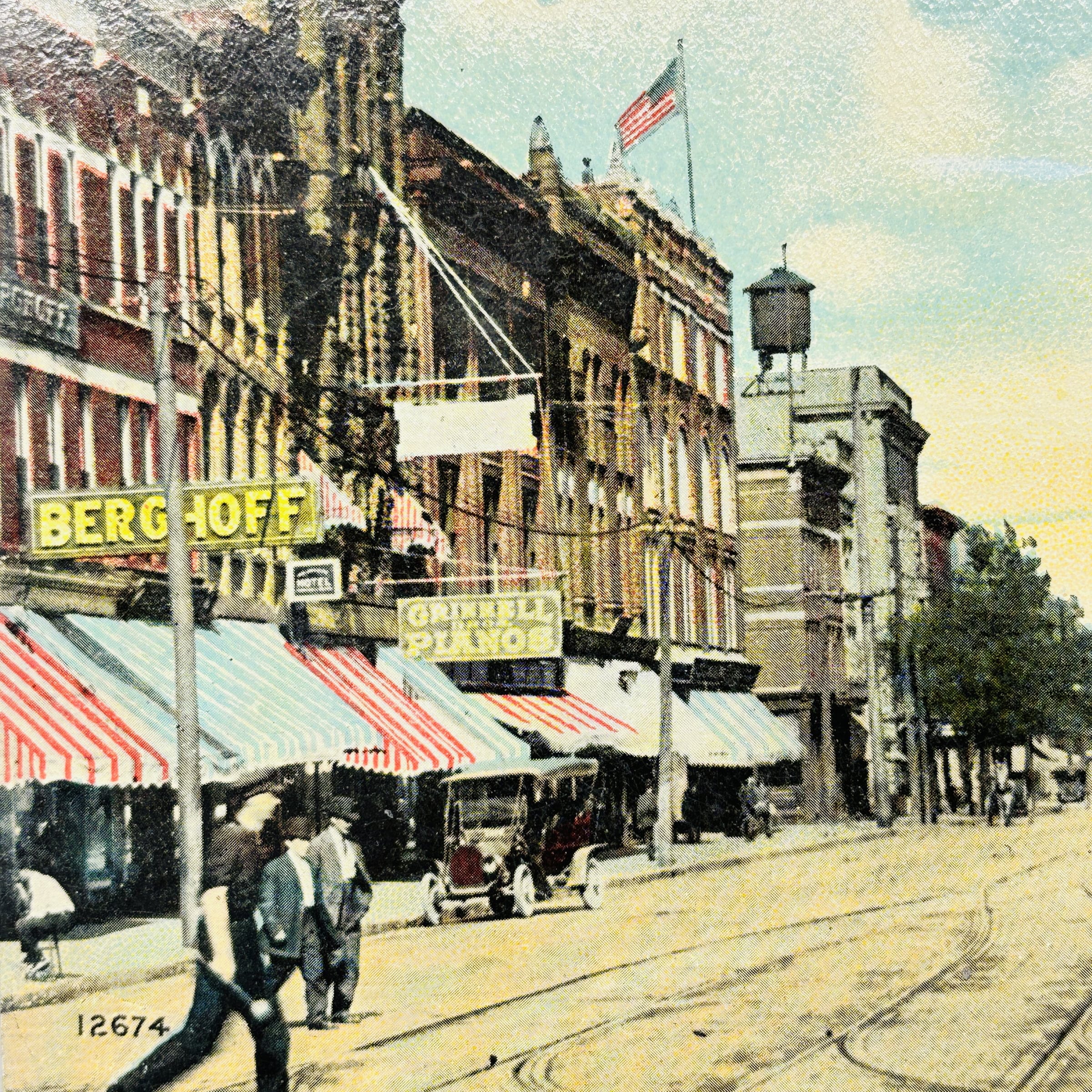 c.1910 East Main Street Kalamazoo Michigan Grinnell Pianos Berghoff Postcard