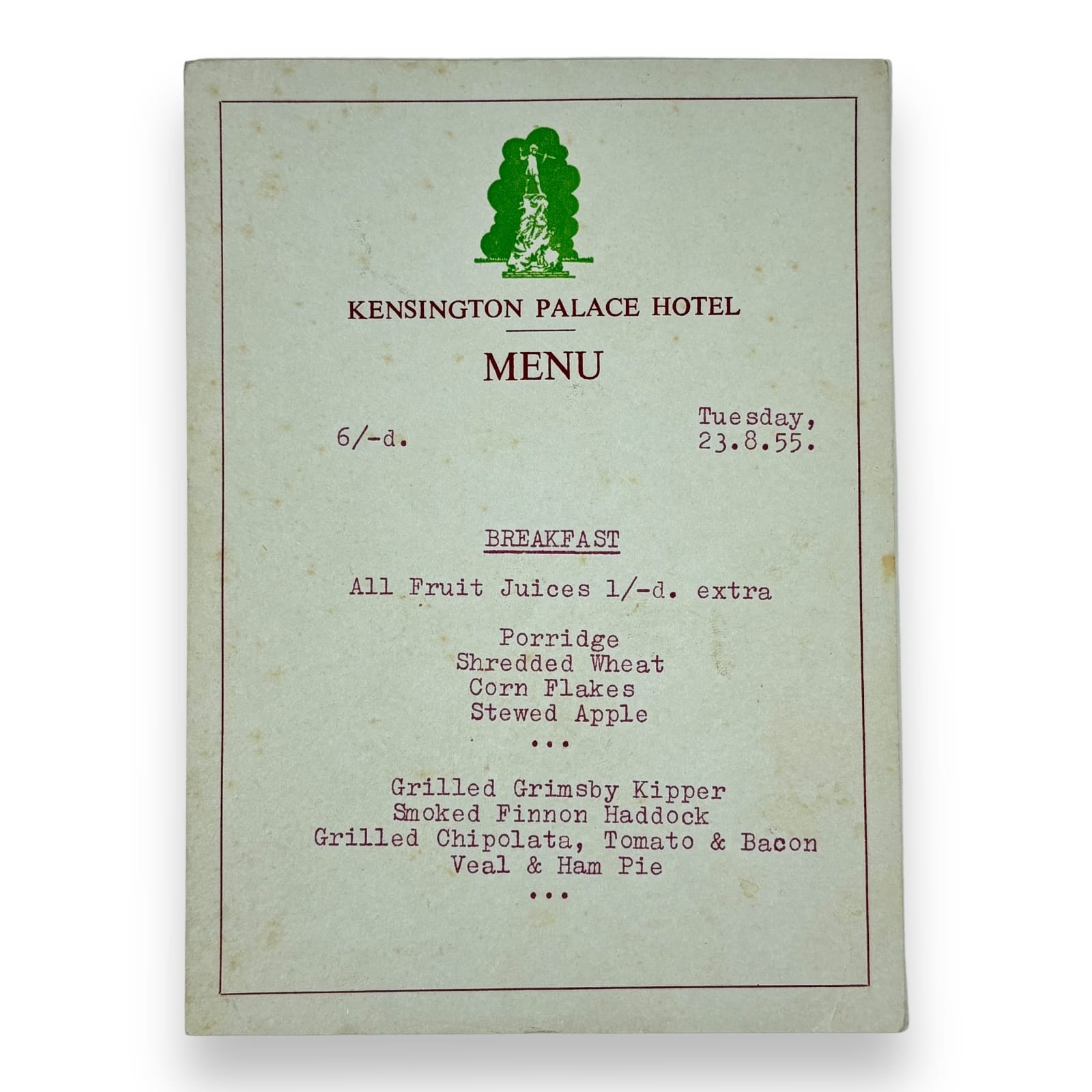 1955 Kensington Palace Hotel Breakfast Menu With Porridge and Veal and Ham Pie