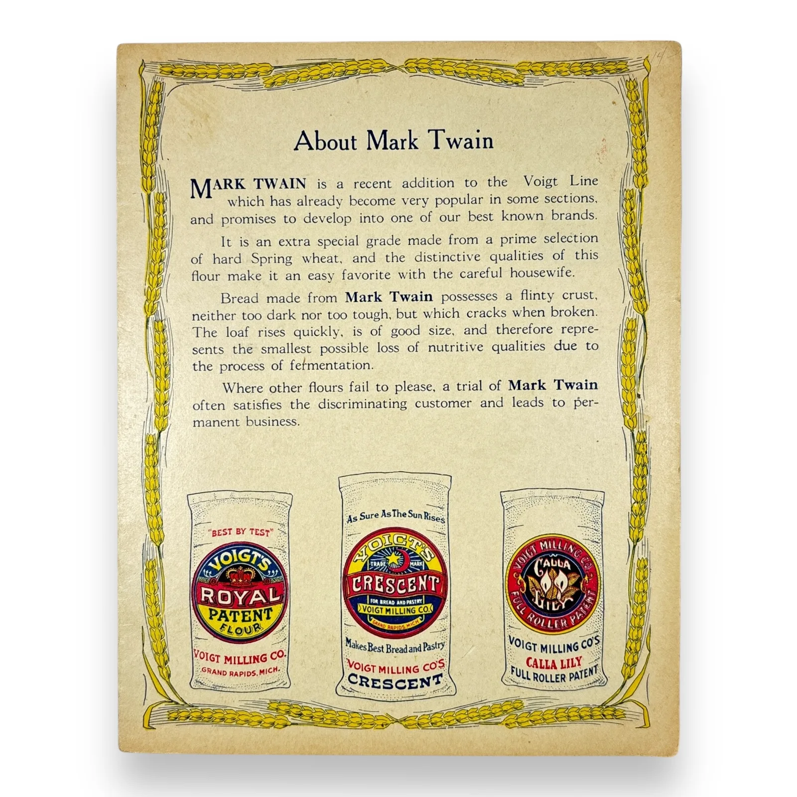c.1900 Mark Twain Flour Voigt Milling Company Grand Rapids Michigan Letter Sheet
