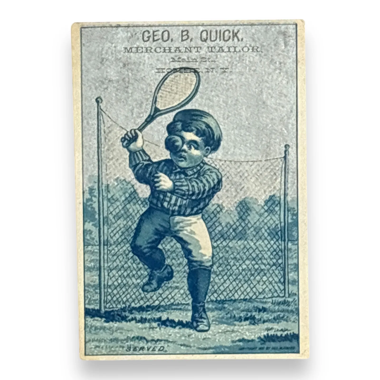 Geo. B. Quick Merchant Tailor Homer New York Tennis Ball Victorian Trade Card