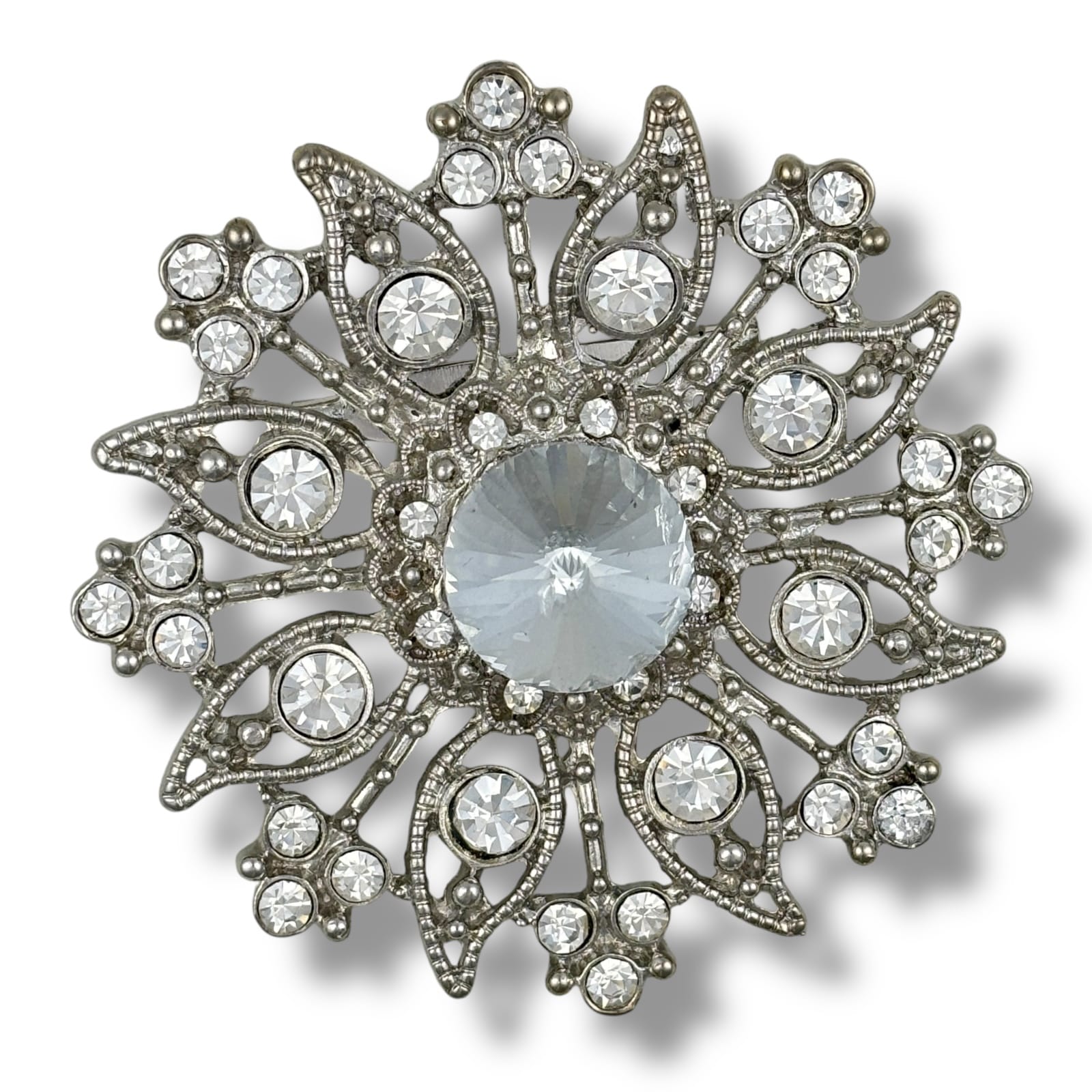 1950s Austrian Crystal Snowflake Rivoli Center 3D Openwork Silver Tone Brooch