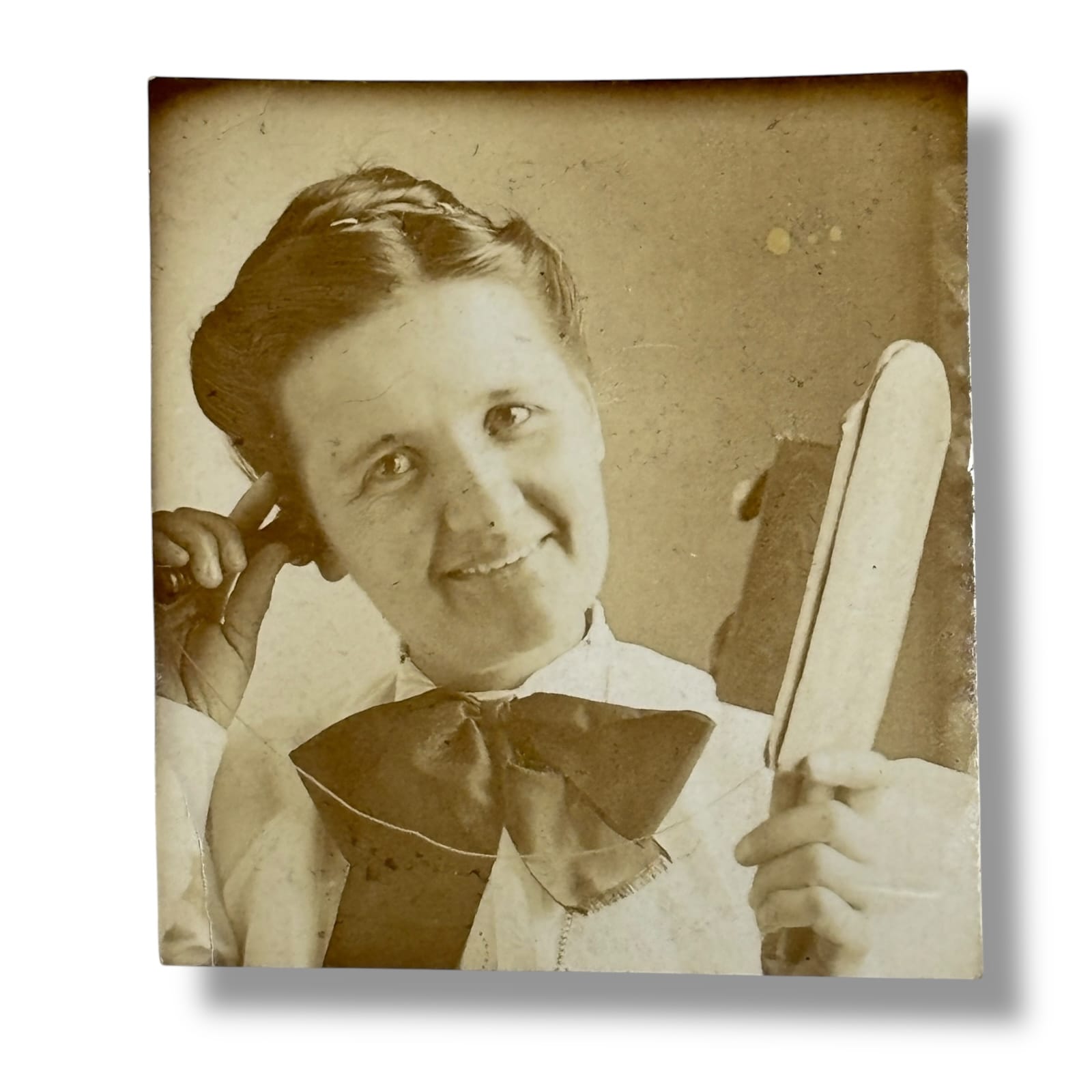 c.1910 Woman With Toy Telephone Mirror Small Antique Photo Early Humor Snapshot