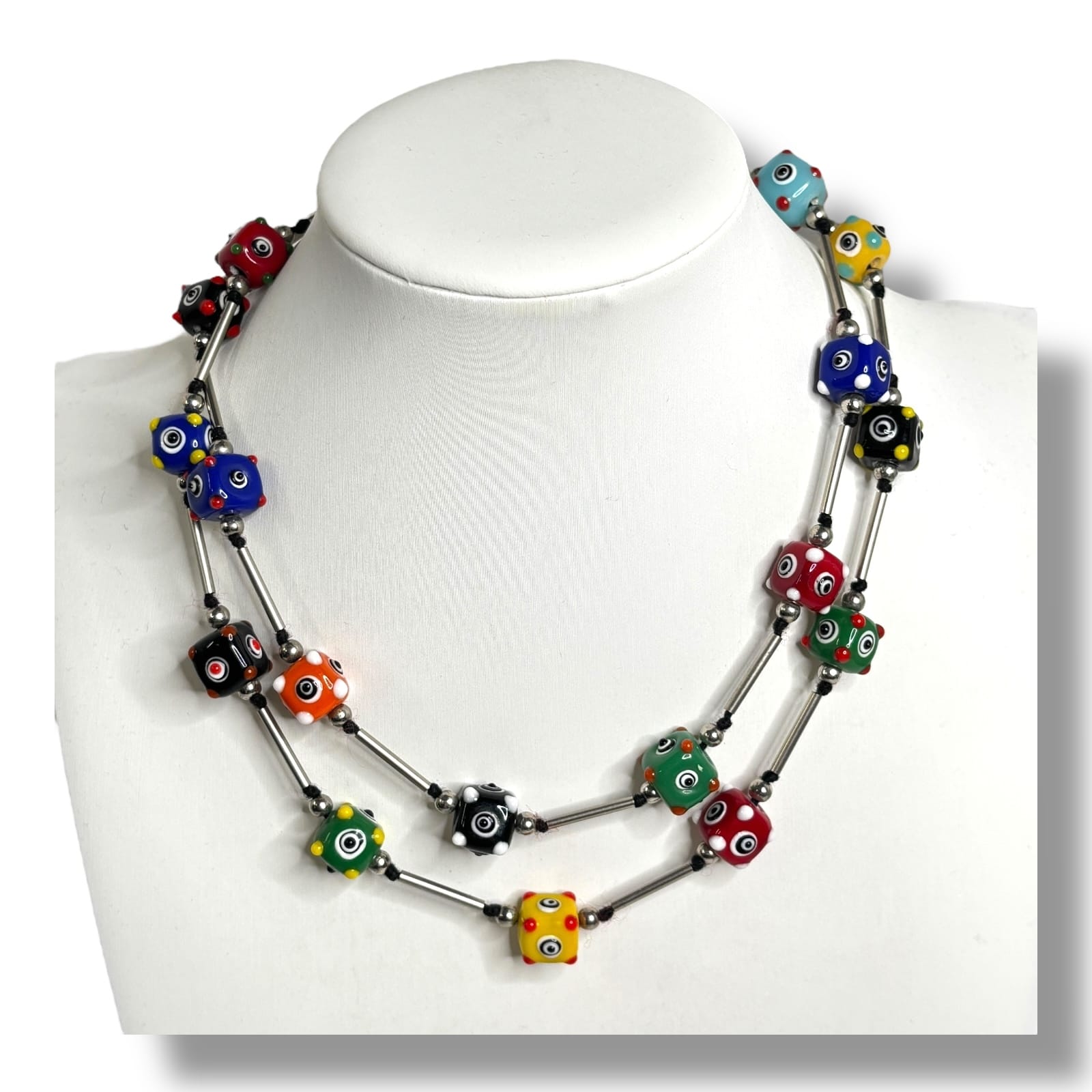 c.1990s Lampwork Cube Bead Necklace 30" Multicolor Art Glass Tube Station Design