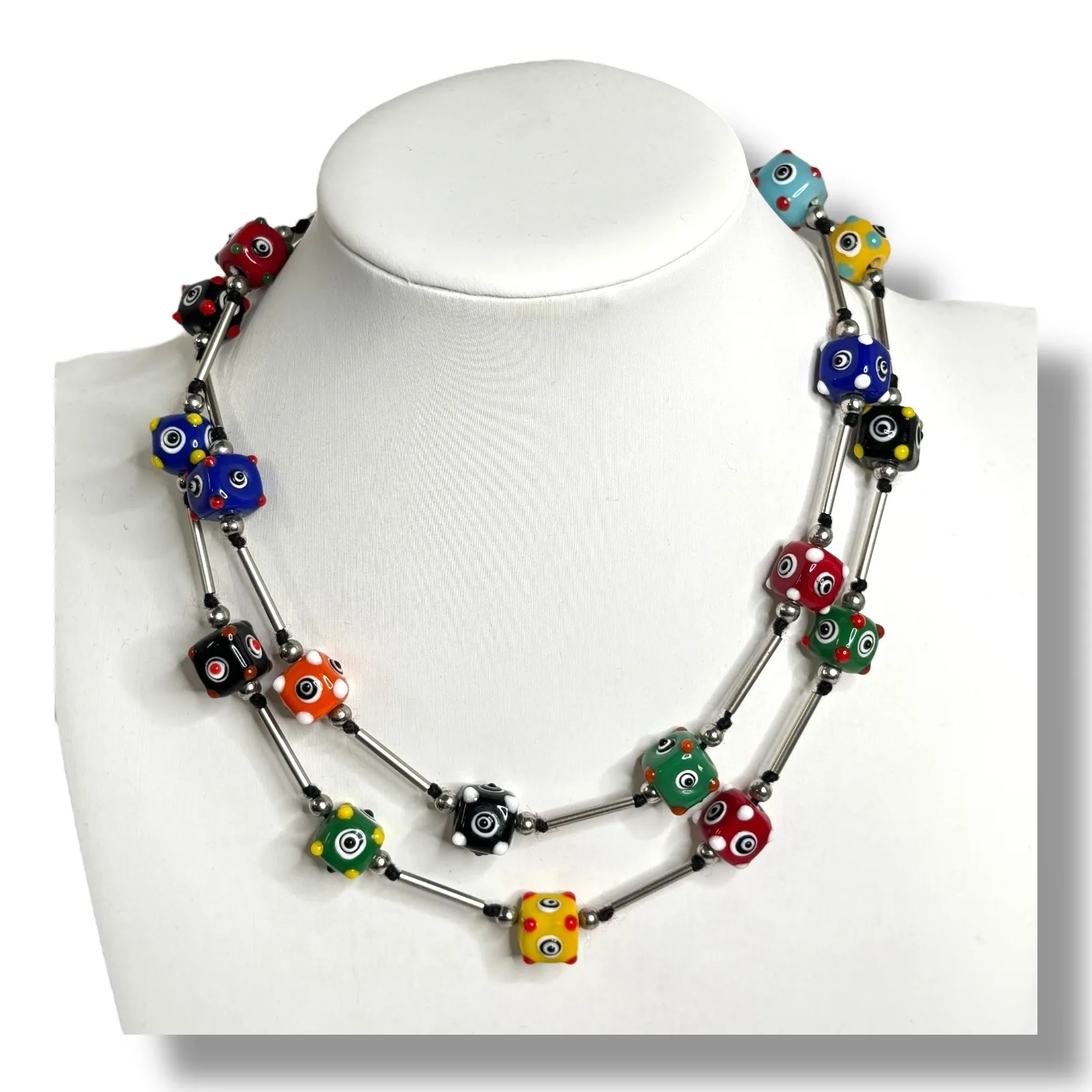 c.1990s Lampwork Cube Bead Necklace 30" Multicolor Art Glass Tube Station Design