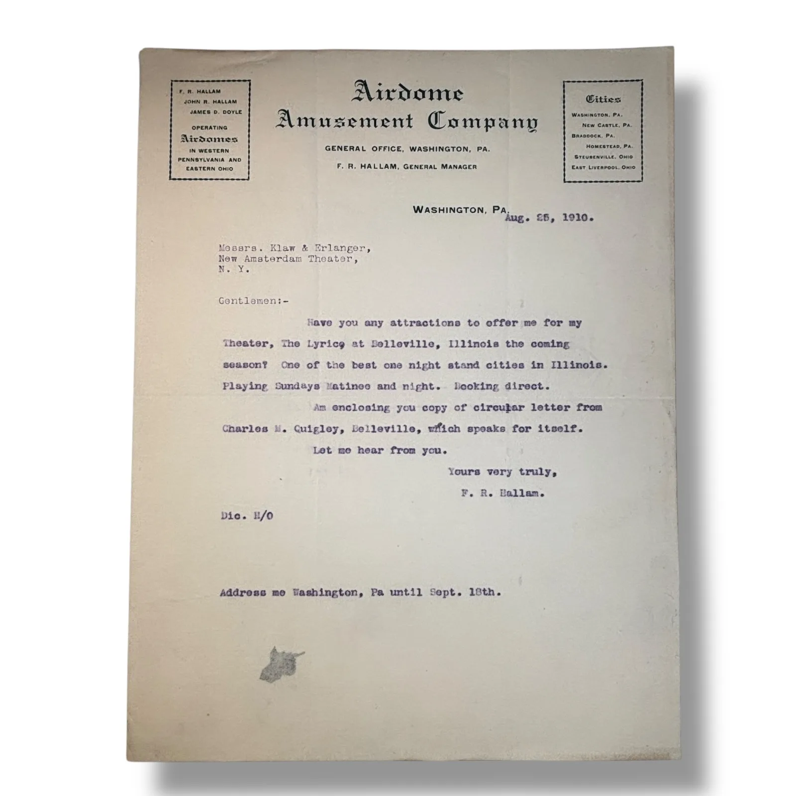 1910 Airdome Amusement Co. Lyric Theater Belleville Illinois Performance Letter