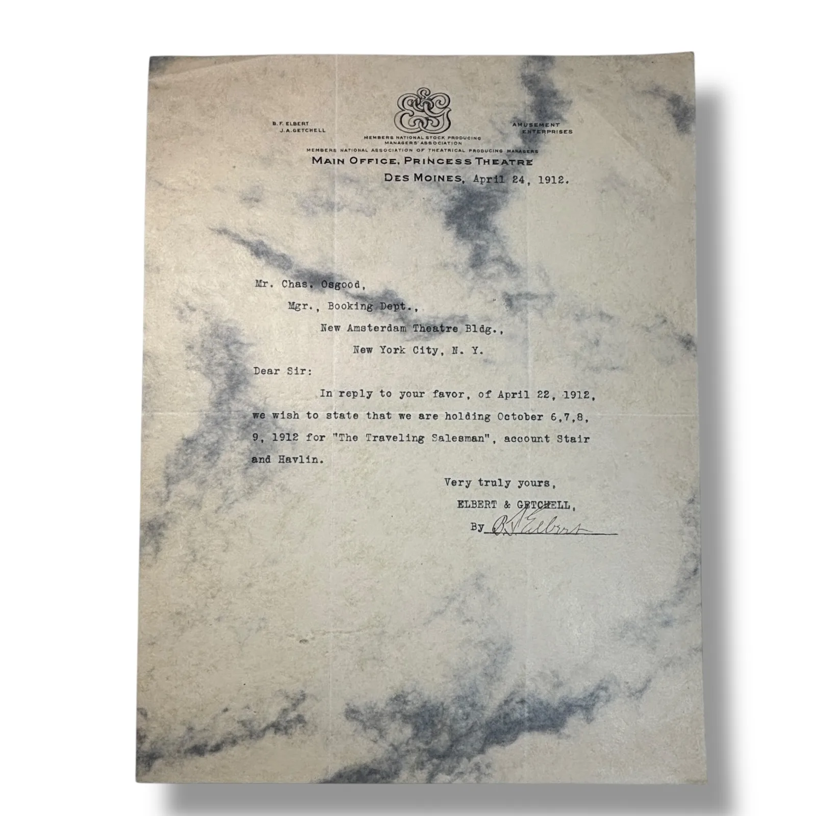 1912 B. F. Elbert Princess Theatre Des Moines Iowa Signed Performance Letter