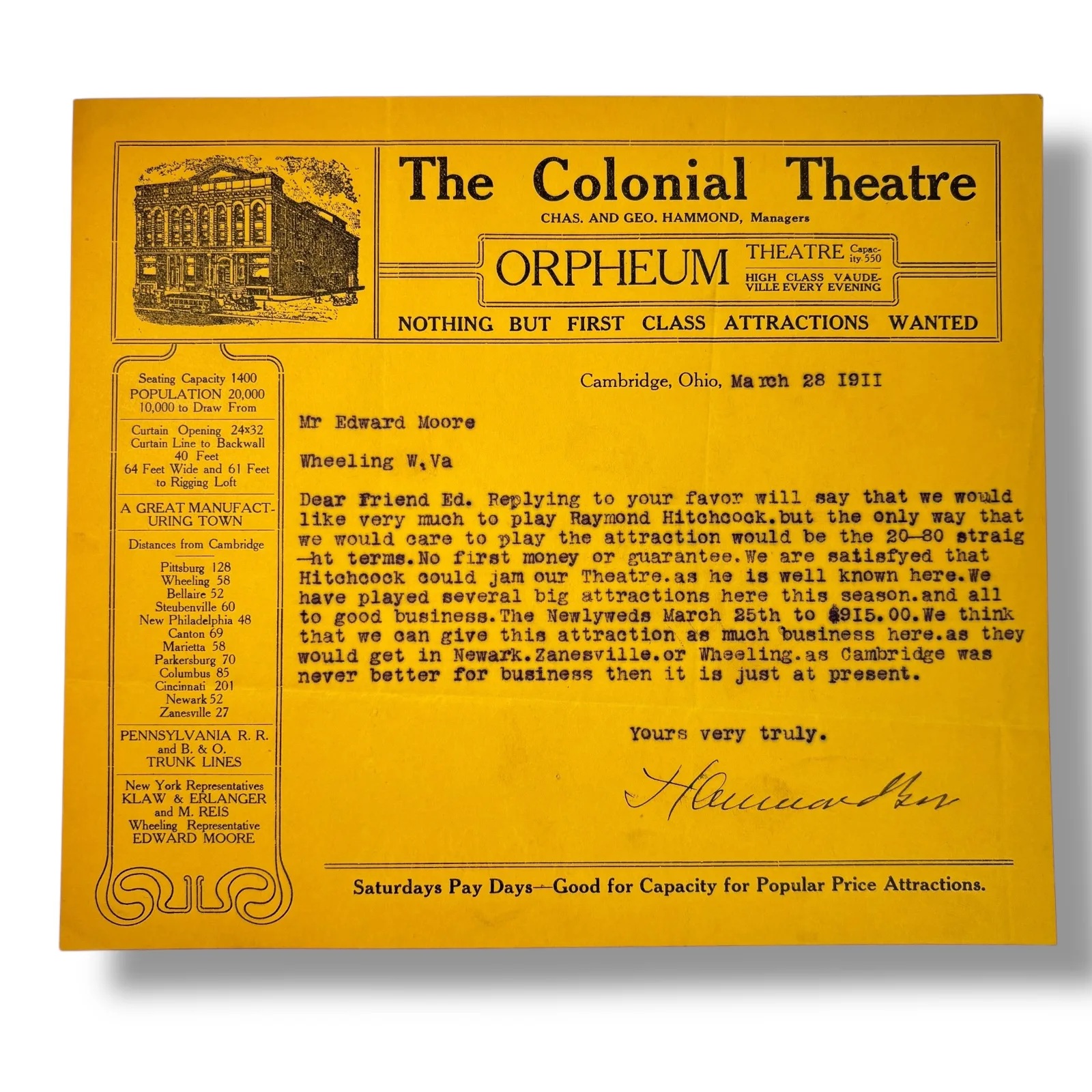 1911 Charles and George Hammond Letter Colonial Orpheum Theatre Cambridge Ohio