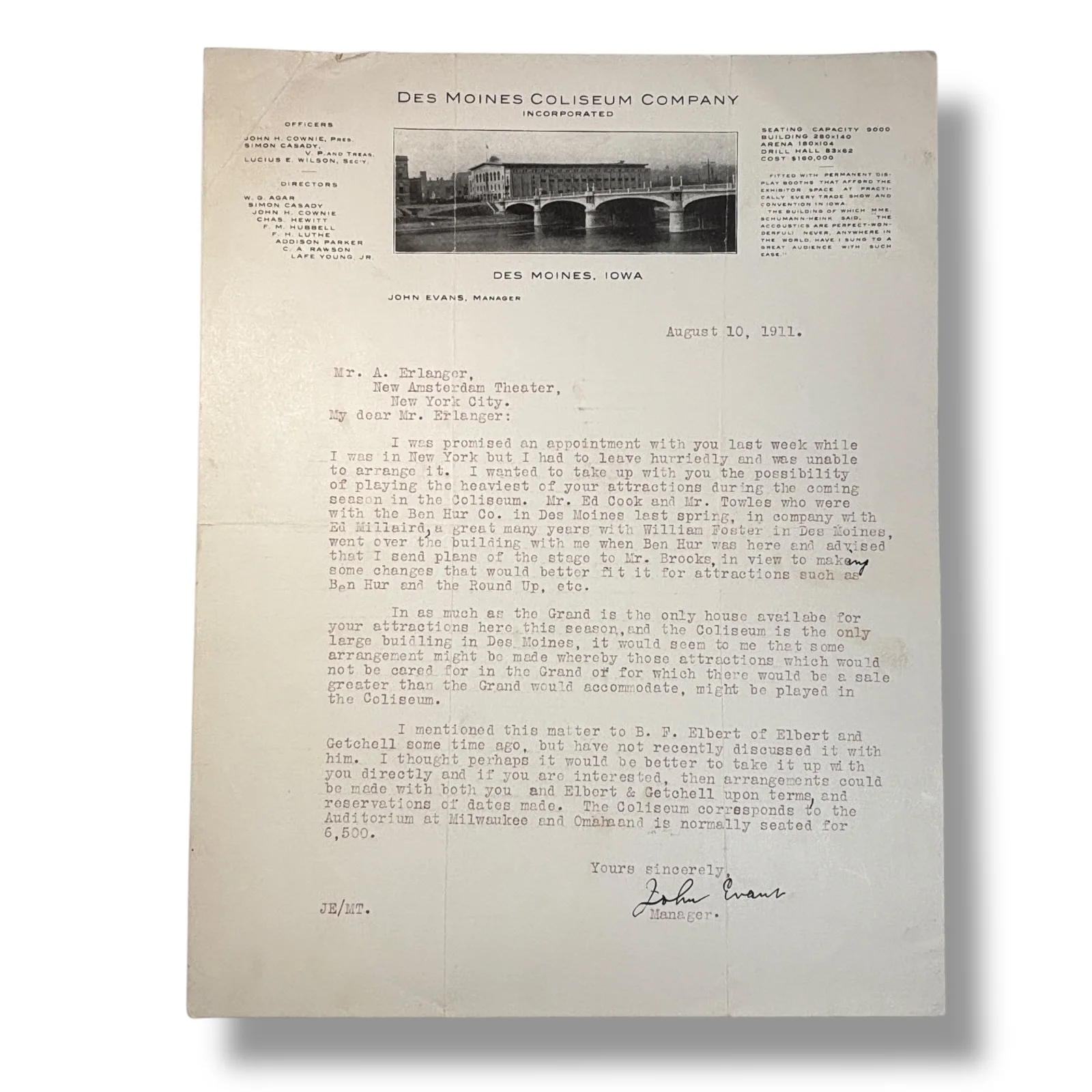 1911 John Evans Des Moines Coliseum Company Iowa  Signed Performance Letter