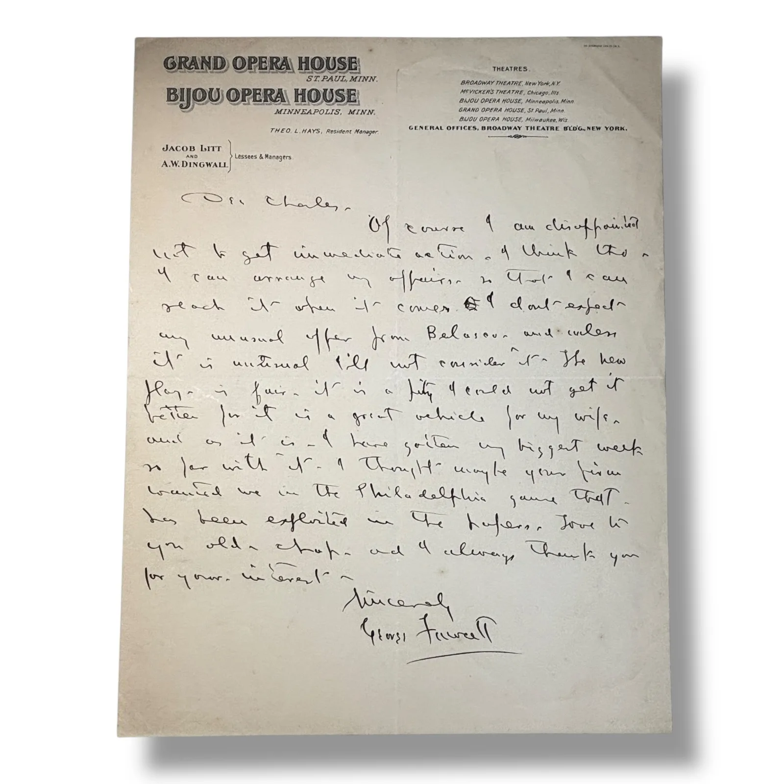 c.1905 George Fawcett Signed Letter from Grand and Bijou Opera House Minneapolis