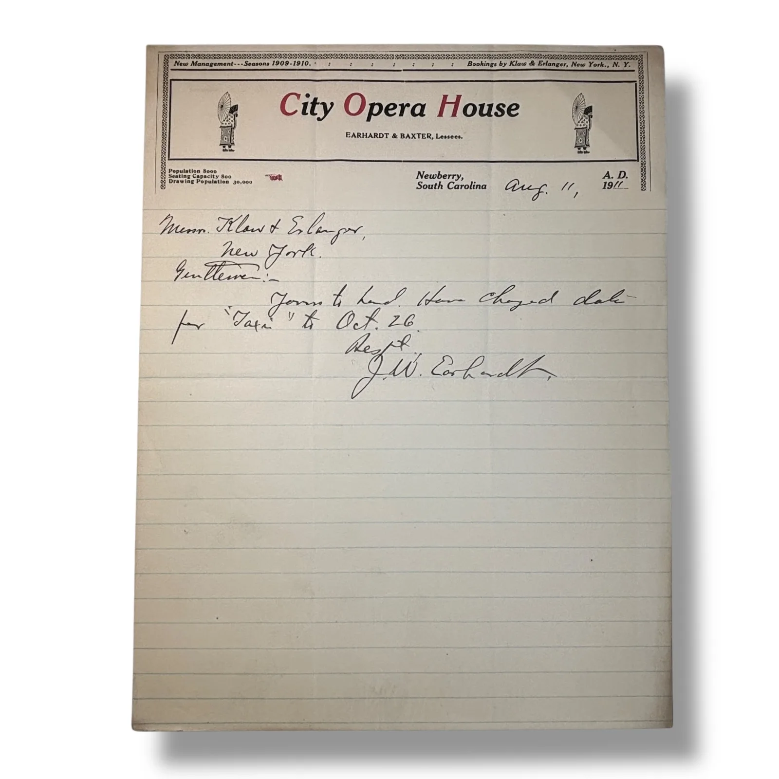 1911 J. W. Earhardt City Opera House Newberry SC Signed Performance Letter