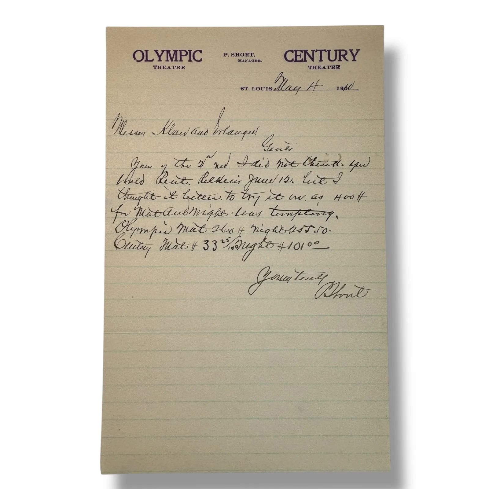 1910 Patrick Short Olympic Century Theatres St. Louis Signed Performance Letter
