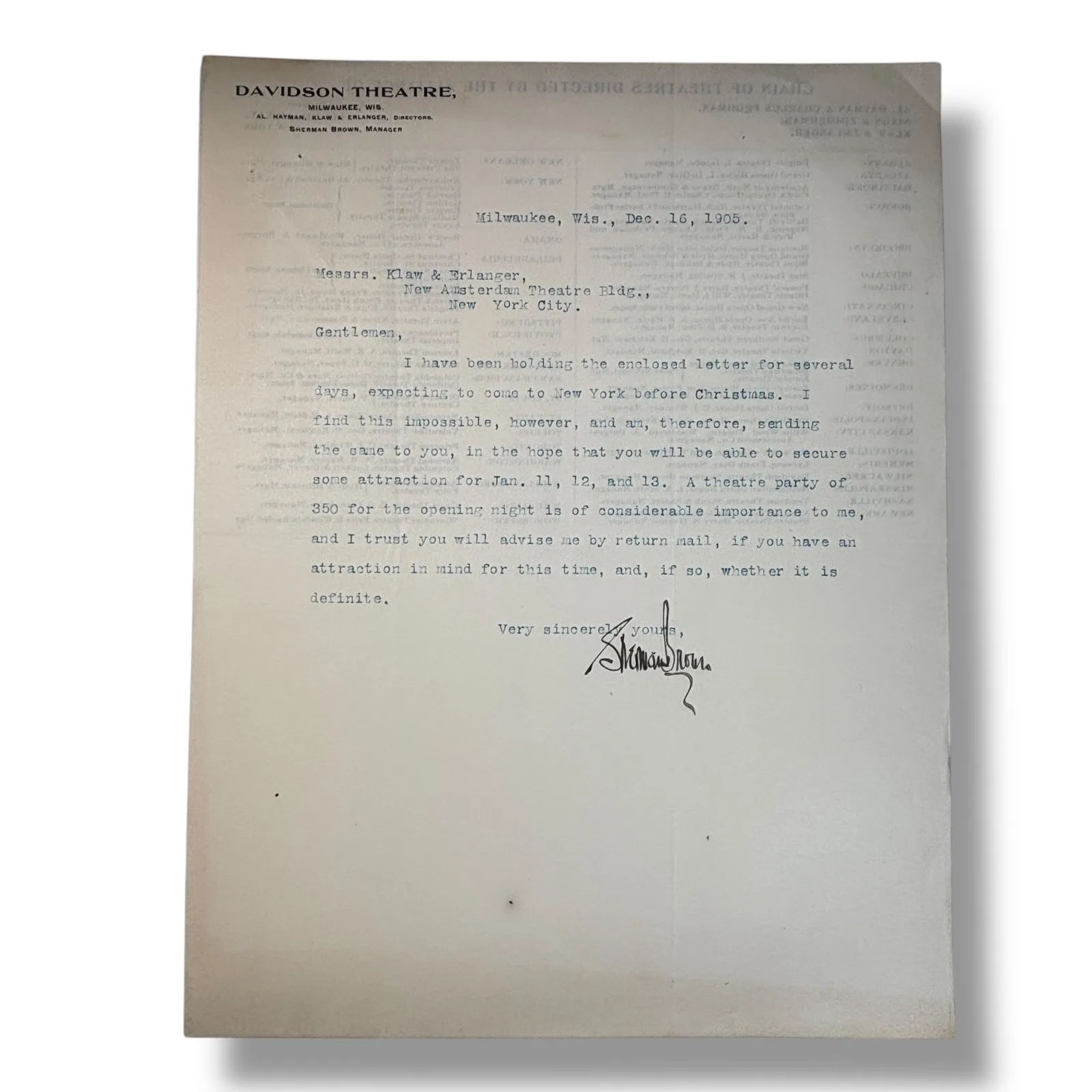 1905 Sherman Brown Manager Davidson Theatre Milwaukee Signed Performance Letter