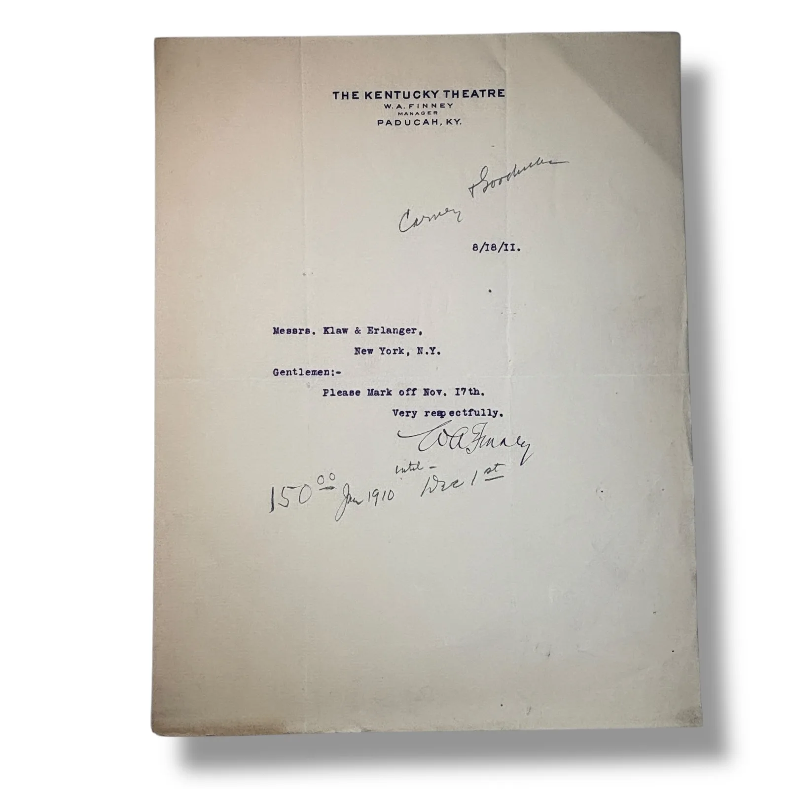 1911 W. A. Finney Kentucky Theatre Paducah Kentucky Signed Performance Letter