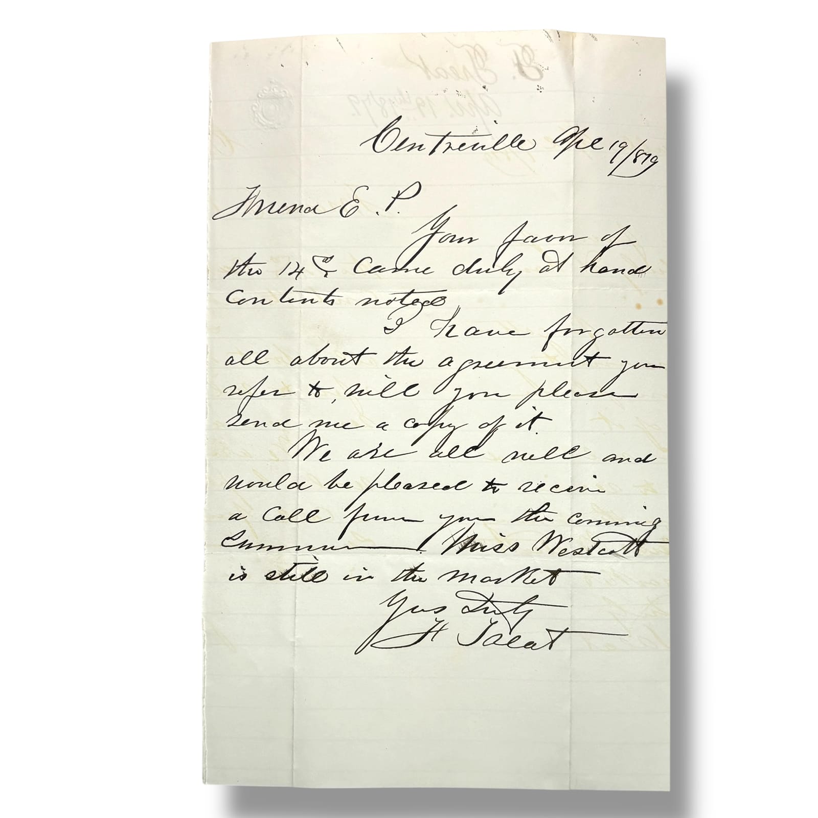 1879 Letter from F. Treat to E.P. Treat Centreville Maine With Matchmaking Tease