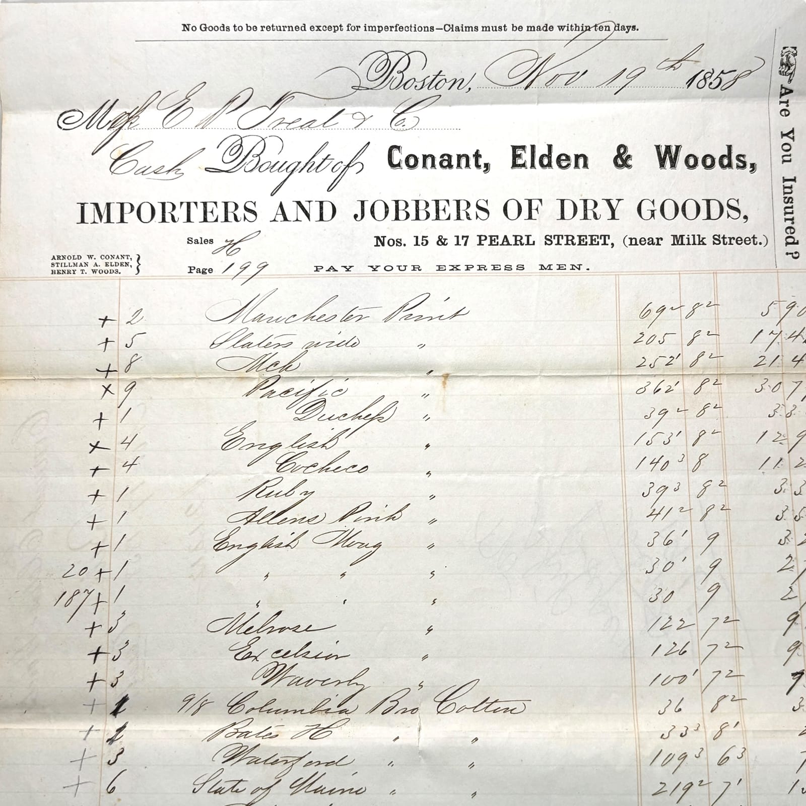 1858 Boston Billhead Conant Elden & Woods Dry Goods to E. P. Treat for Textiles