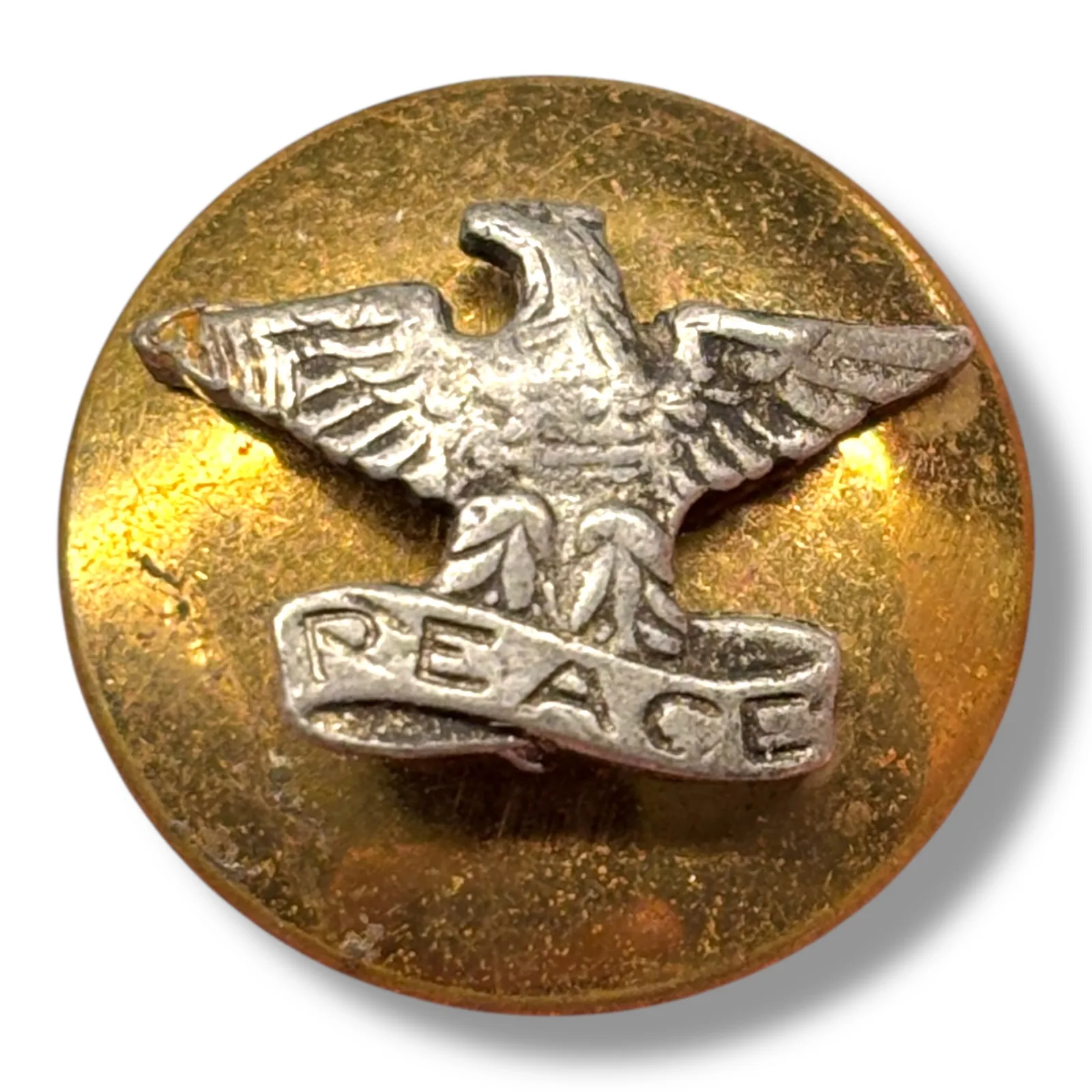 Antique PEACE Button w/ Applied Eagle Gilt Brass and Silver Tone Symbolic Design