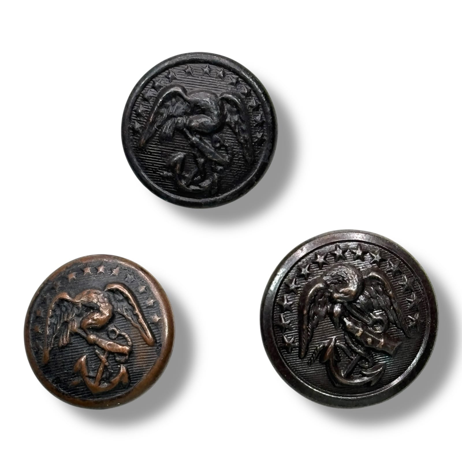 Antique US Navy Military Uniform Cuff Buttons 15–17mm Eagle Anchor Lot of 3