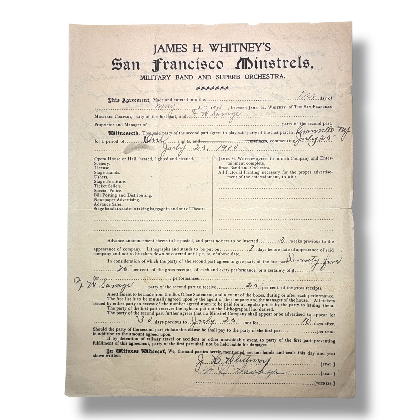 1905 James H. Whitney San Francisco Minstrels Contract Greeneville NY Signed