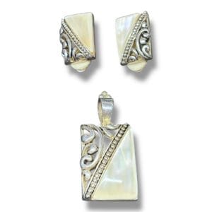 Vintage BEST Mother of Pearl Pendant and Clip Earrings Set Silver Gold Tone