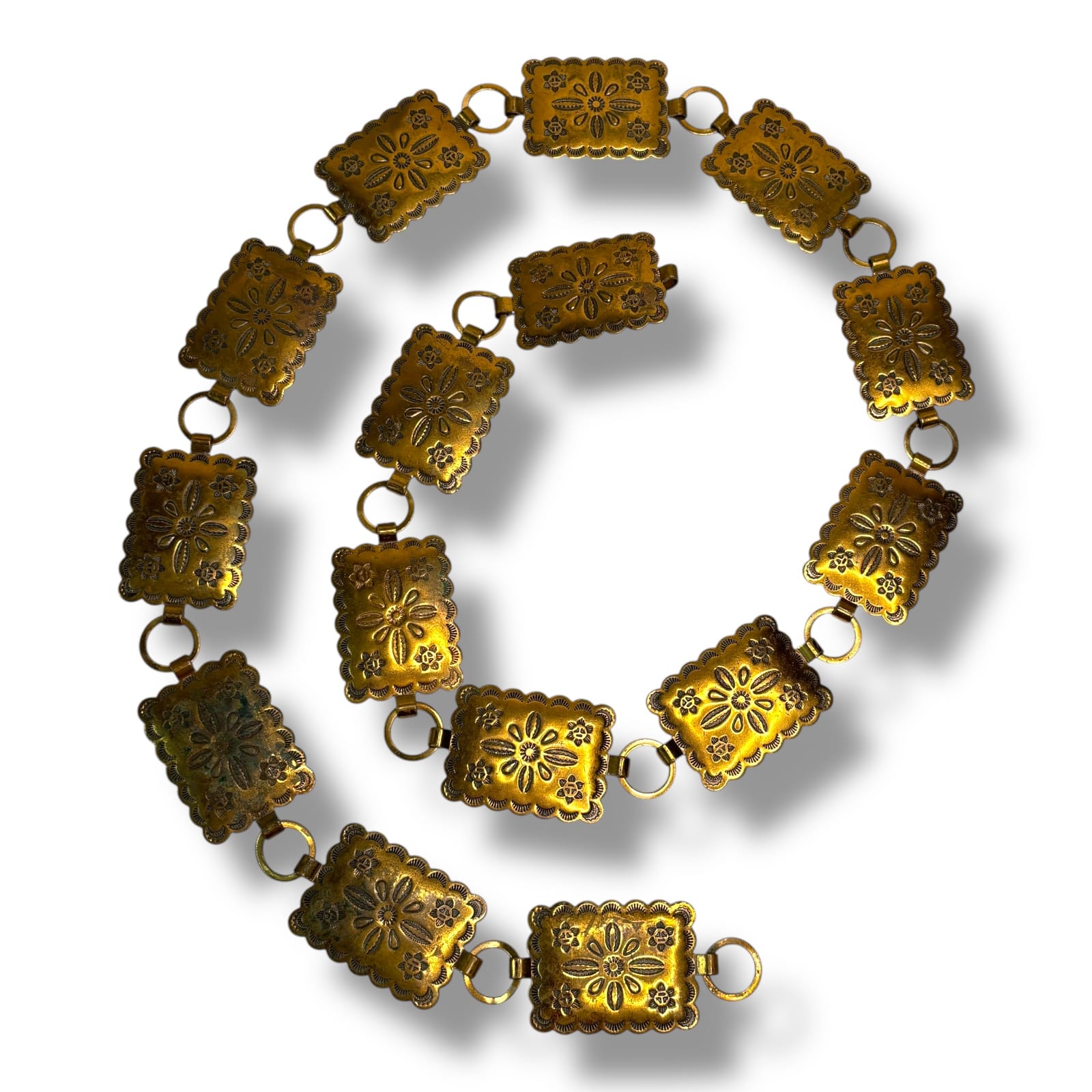 Vintage 1960s Brass Panel Belt 32" Stamped Floral Rectangles Boho Festival Style