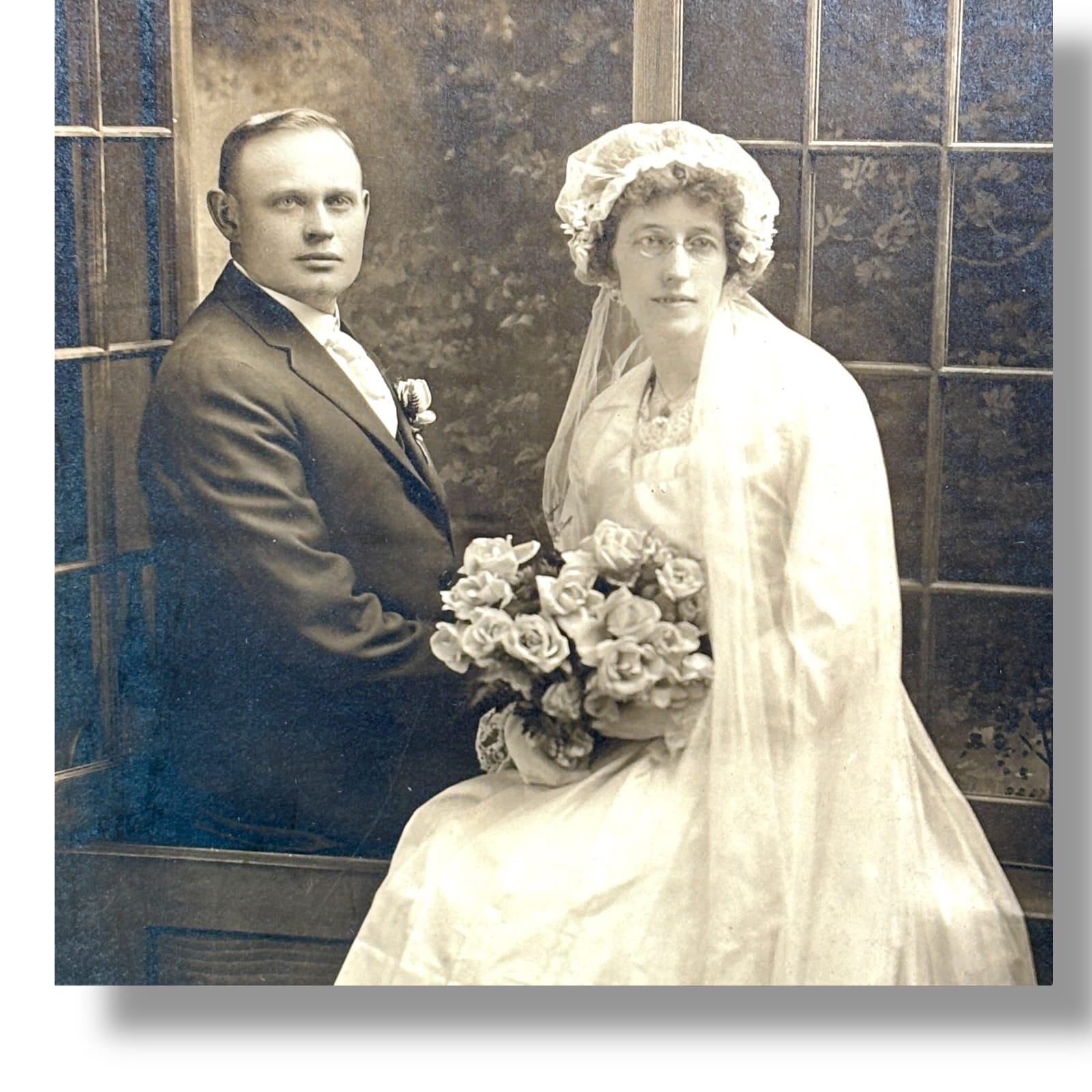 1920s Wedding Portrait Bride Groom Veil Roses Calvert Studio Michigan City IN