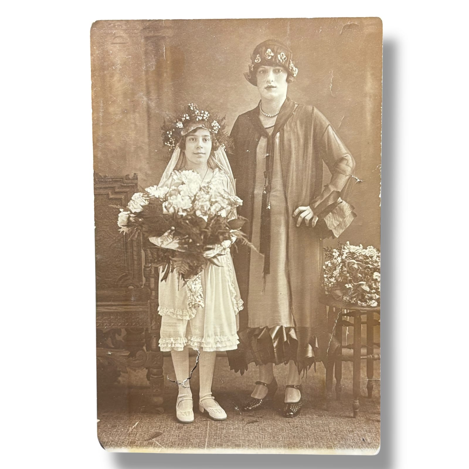 1920s First Communion Photo Girl with Veil Flowers and Mother in Cloche Hat
