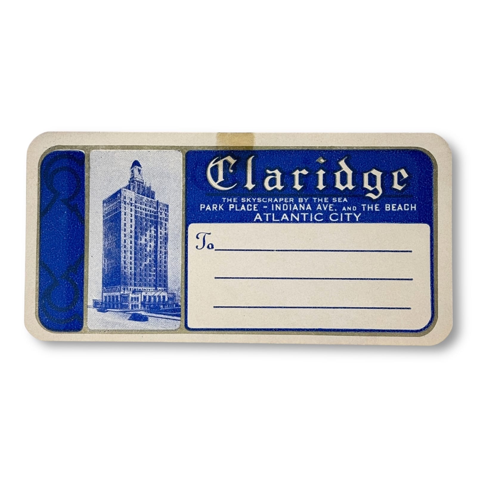 c.1930s Claridge Hotel Atlantic City NJ Luggage Label Skyscraper by the Sea