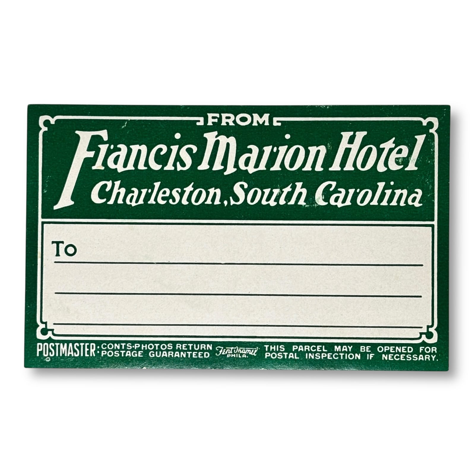 c.1940s Francis Marion Hotel Luggage Mailing Label Charleston South Carolina