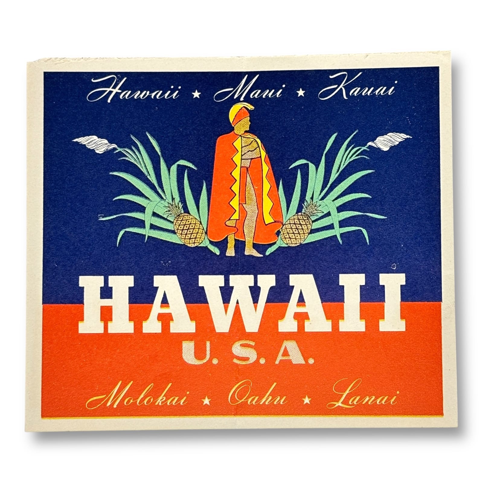 c.1940s Hawaii USA Travel Luggage Label Warrior Pineapple Tourist Souvenir Ephemera