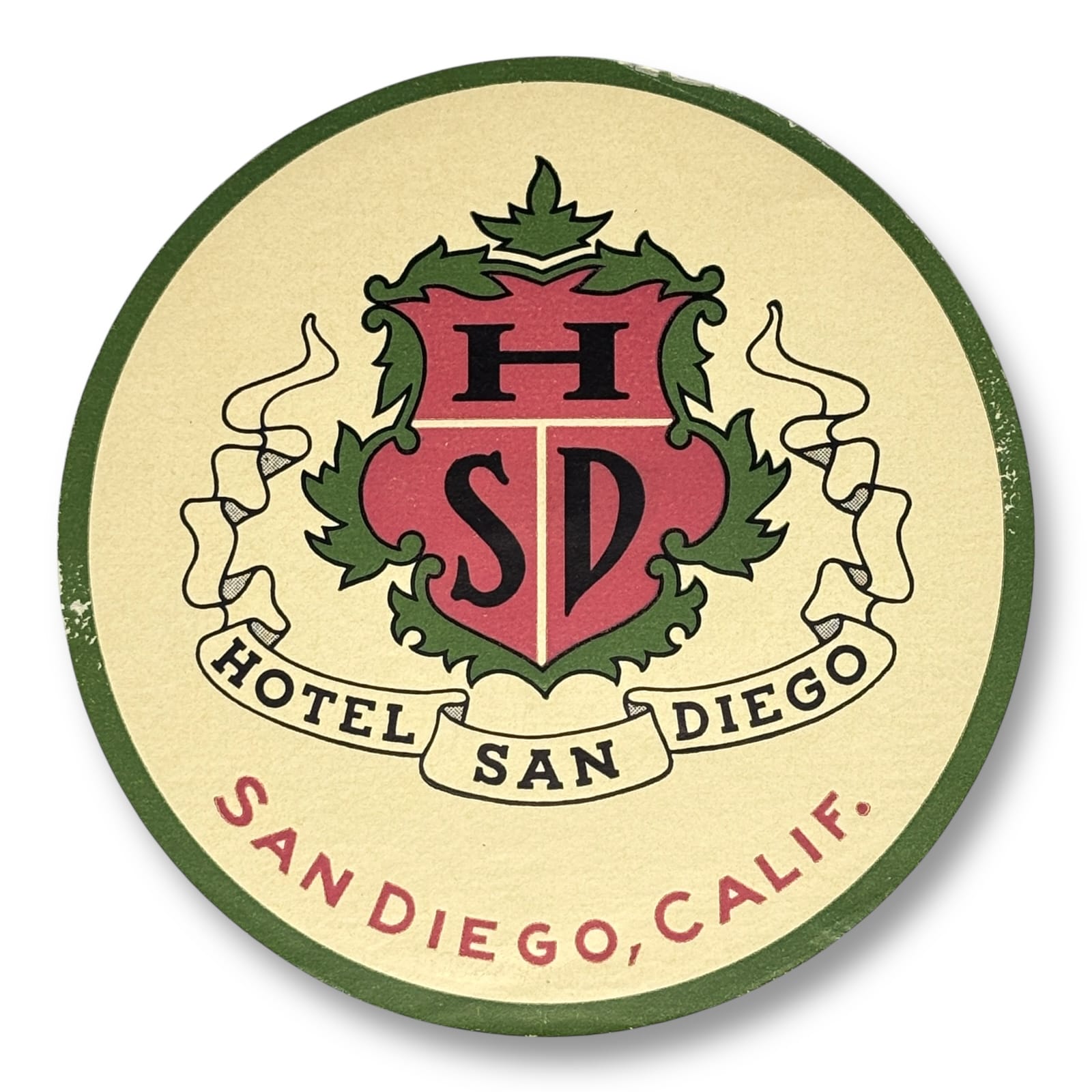 c.1930s Hotel San Diego California Travel Luggage Label Vintage Advertising 3.5"