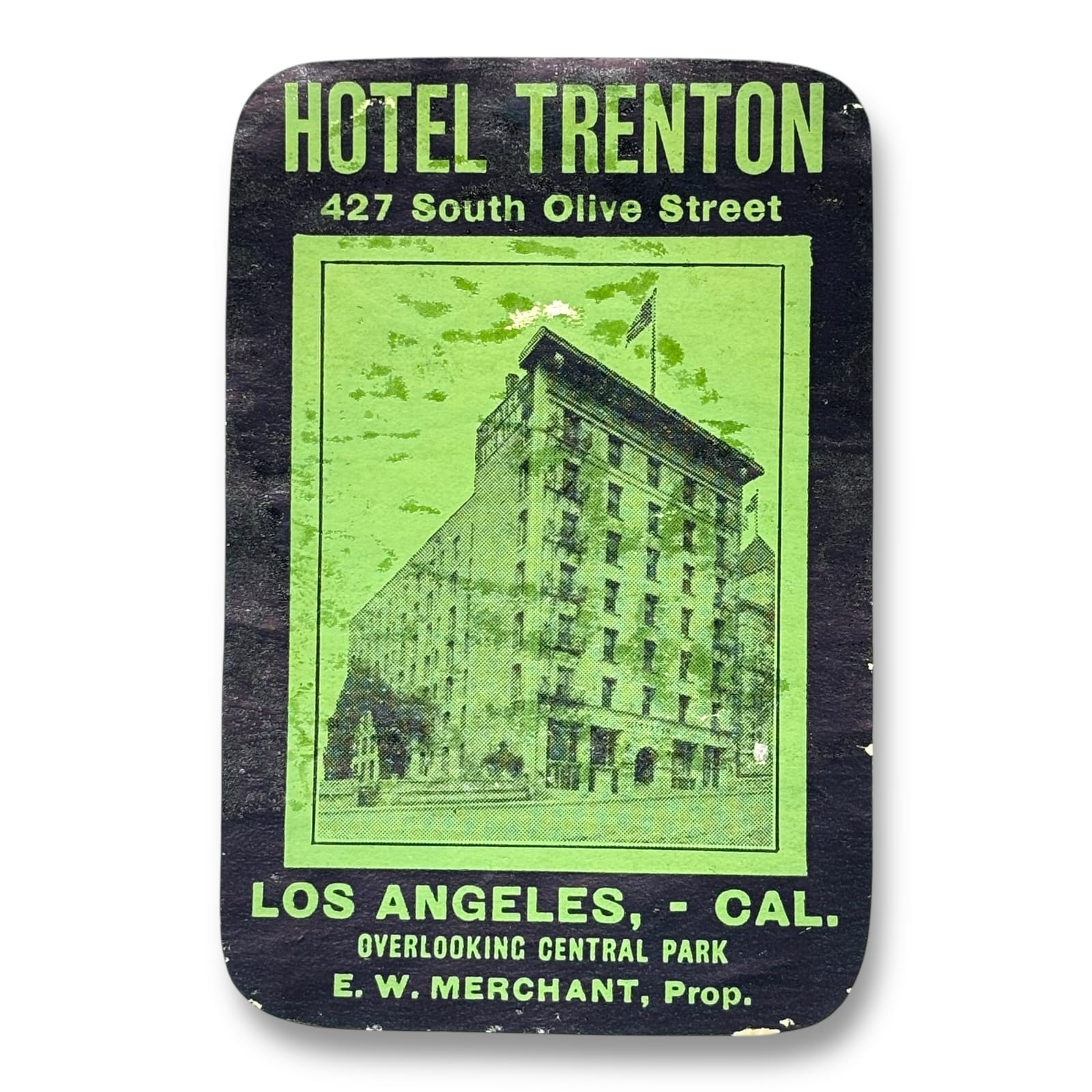 c.1910s Hotel Trenton Los Angeles Luggage Label Olive St Central Park Sticker