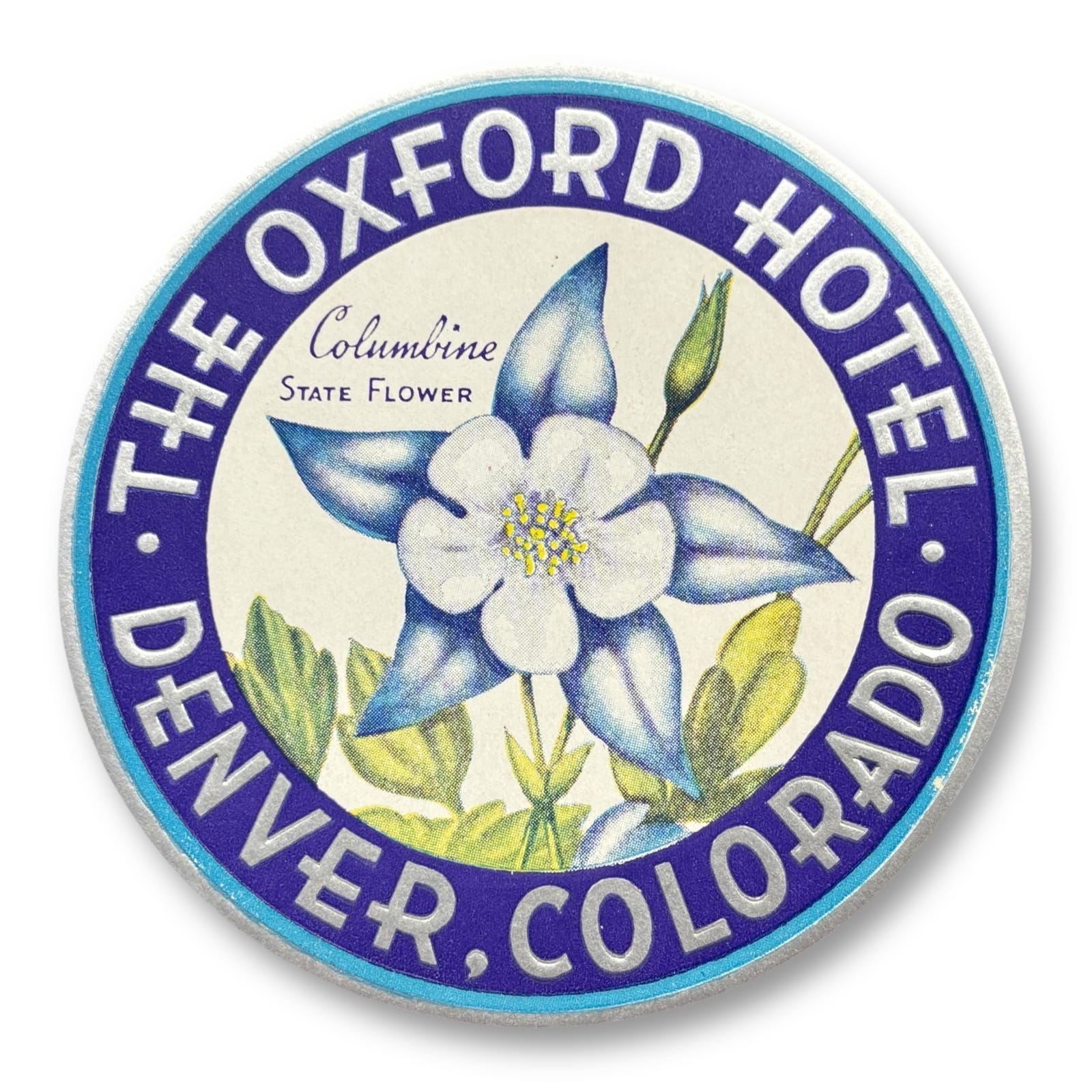 c.1930s Oxford Hotel Denver Colorado Luggage Label Columbine State Flower 3 3/8"