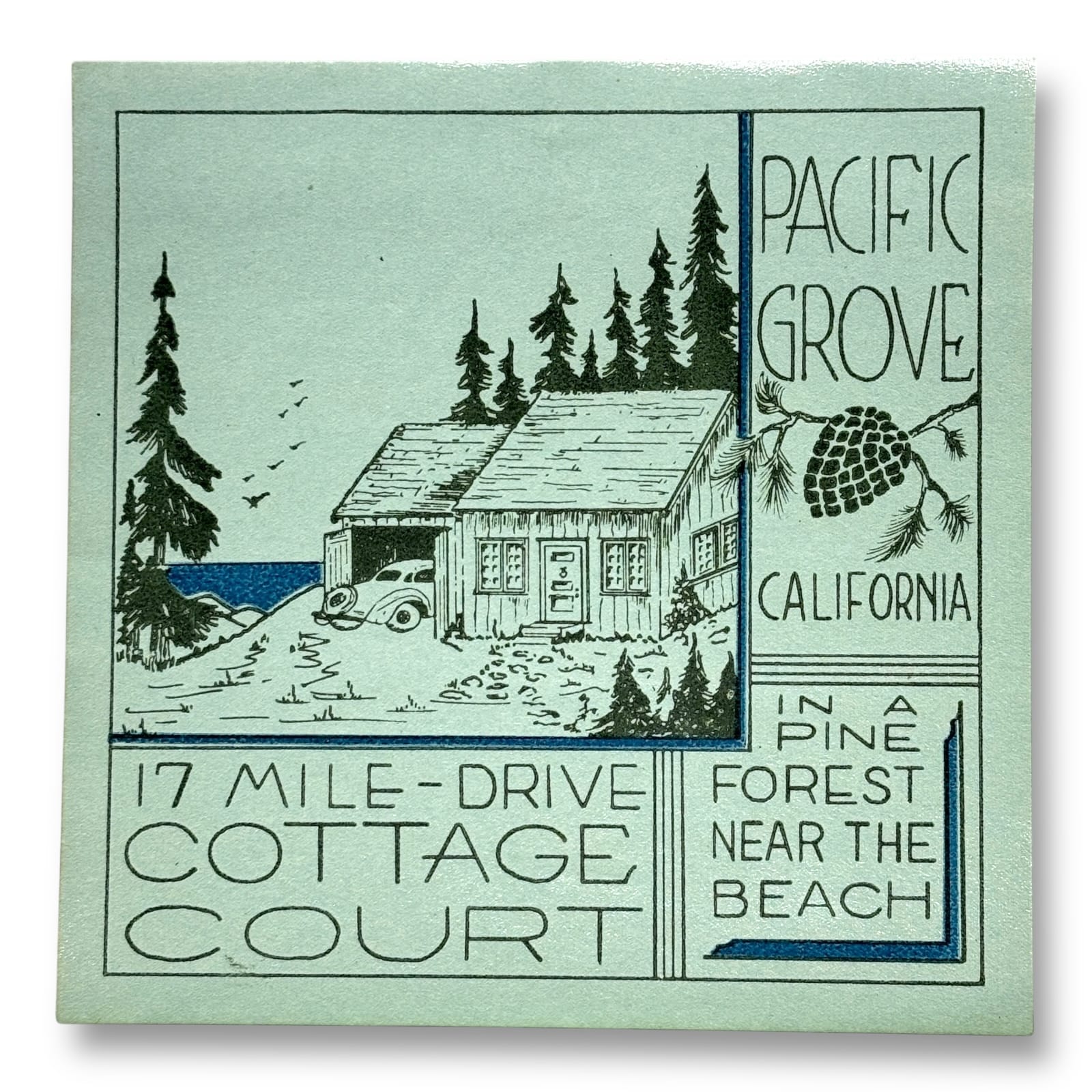 c1930s Pacific Grove California 17 Mile Drive Cottage Court Travel Luggage Label