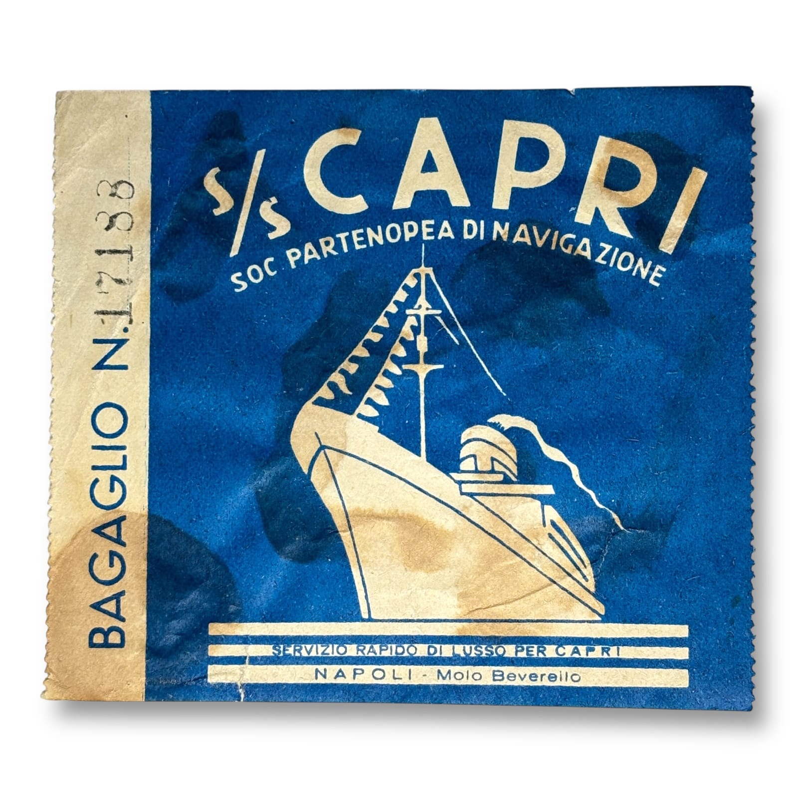 c.1930s SS Capri Soc Partenopea Steamship Baggage Luggage Label Naples Italy