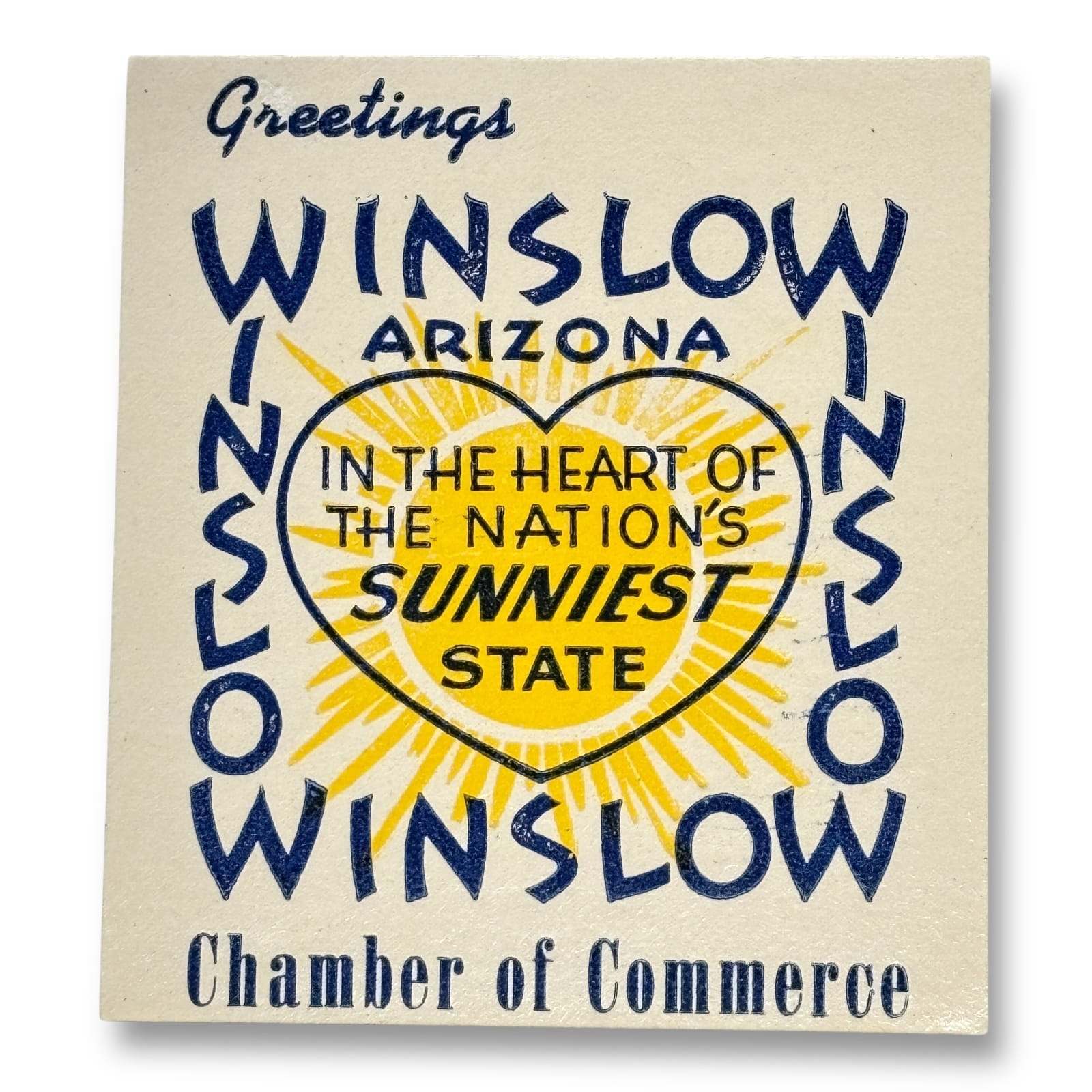 c.1940s Winslow Arizona Chamber of Commerce Travel Label Route 66 Sunniest State
