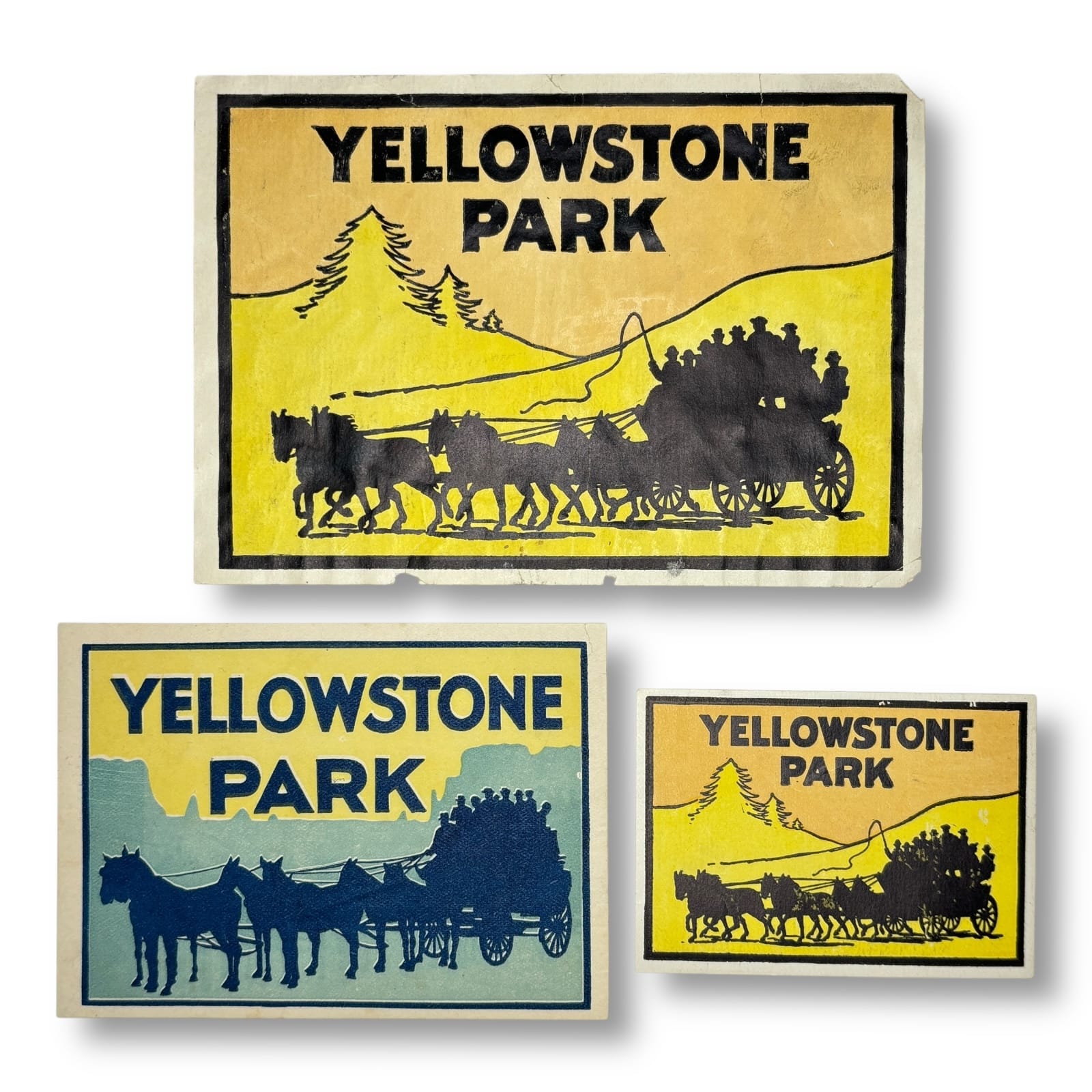 c1920s Yellowstone Park Stagecoach Tourist Travel Luggage Labels Decals Lot of 3