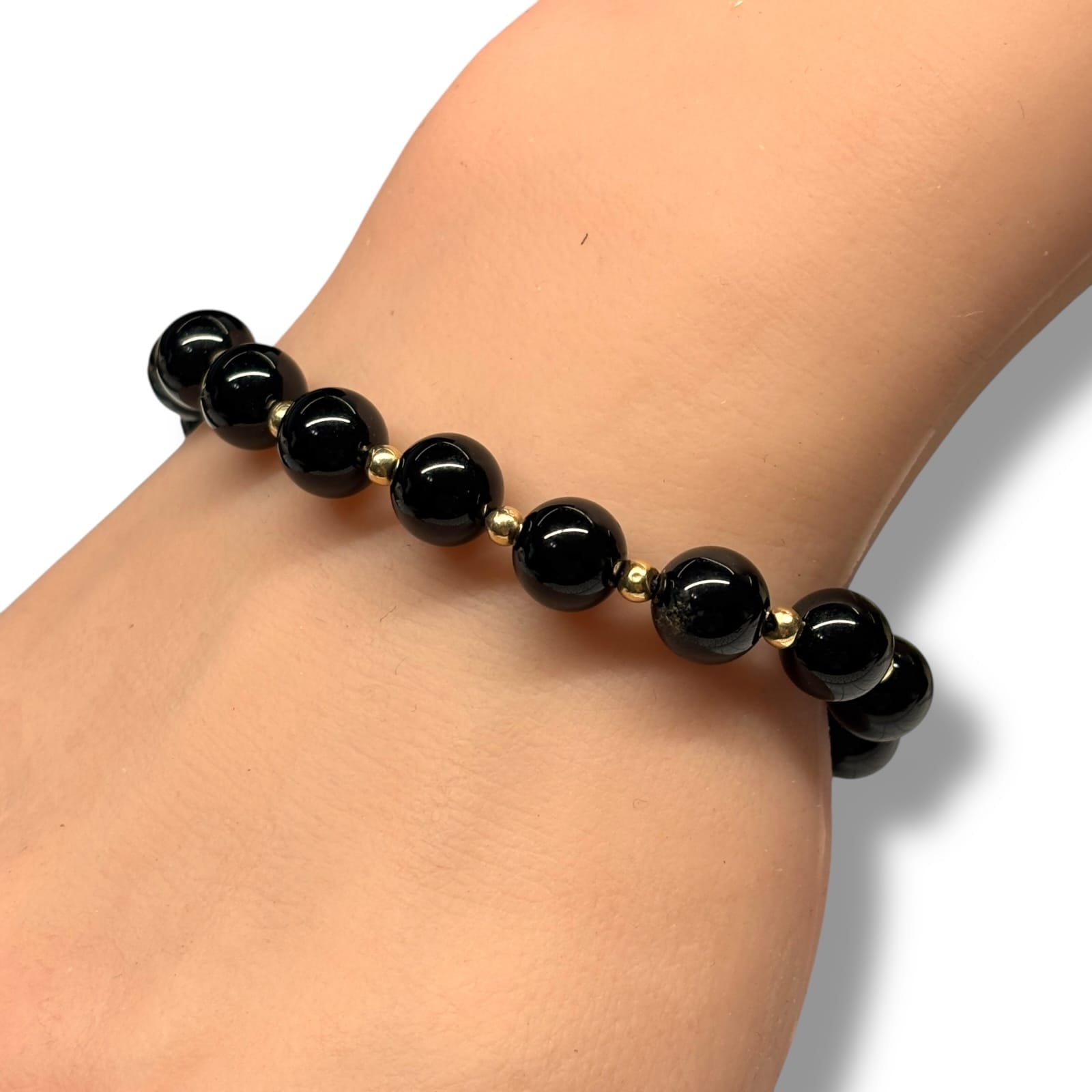 Vintage 14K Gold Black Glass Bead 7" Bracelet with 8.5mm Orb Beads c1970s Signed