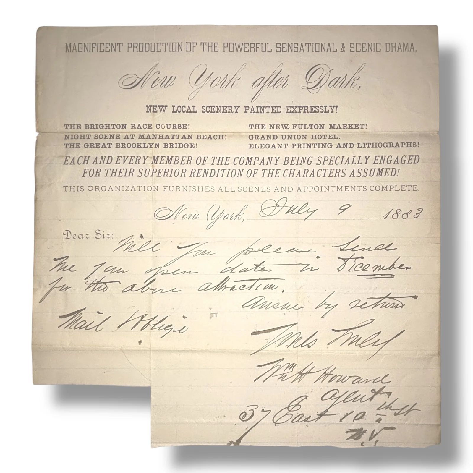1883 “New York After Dark” Theatrical Letter W.H. Howard Agent Scenic Drama