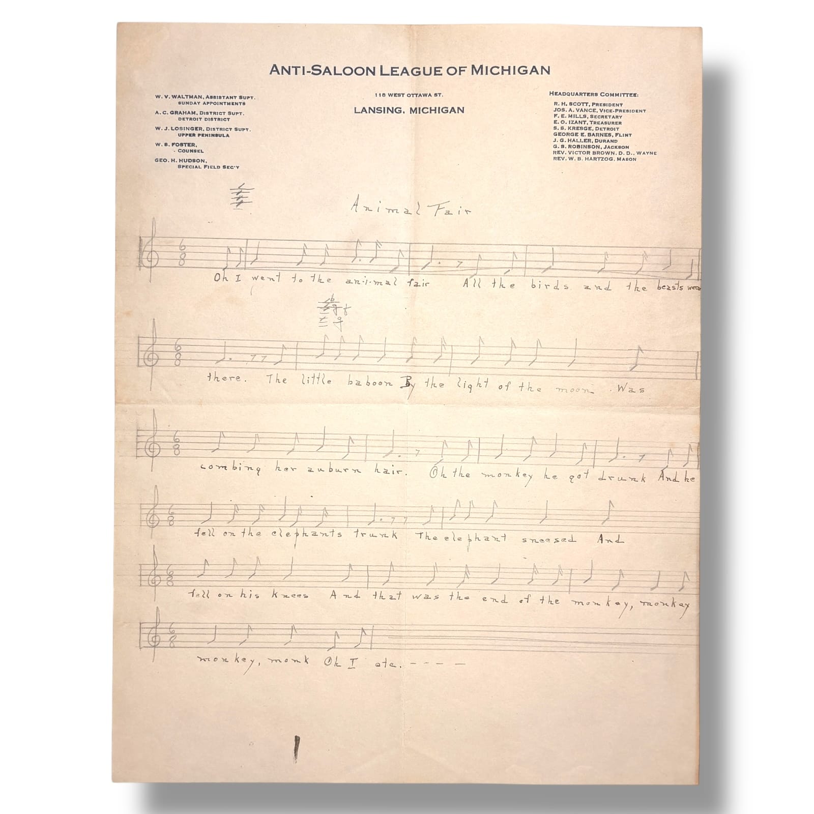c.1910s Animal Fair Folk Song Manuscript Anti-Saloon League Michigan Letterhead