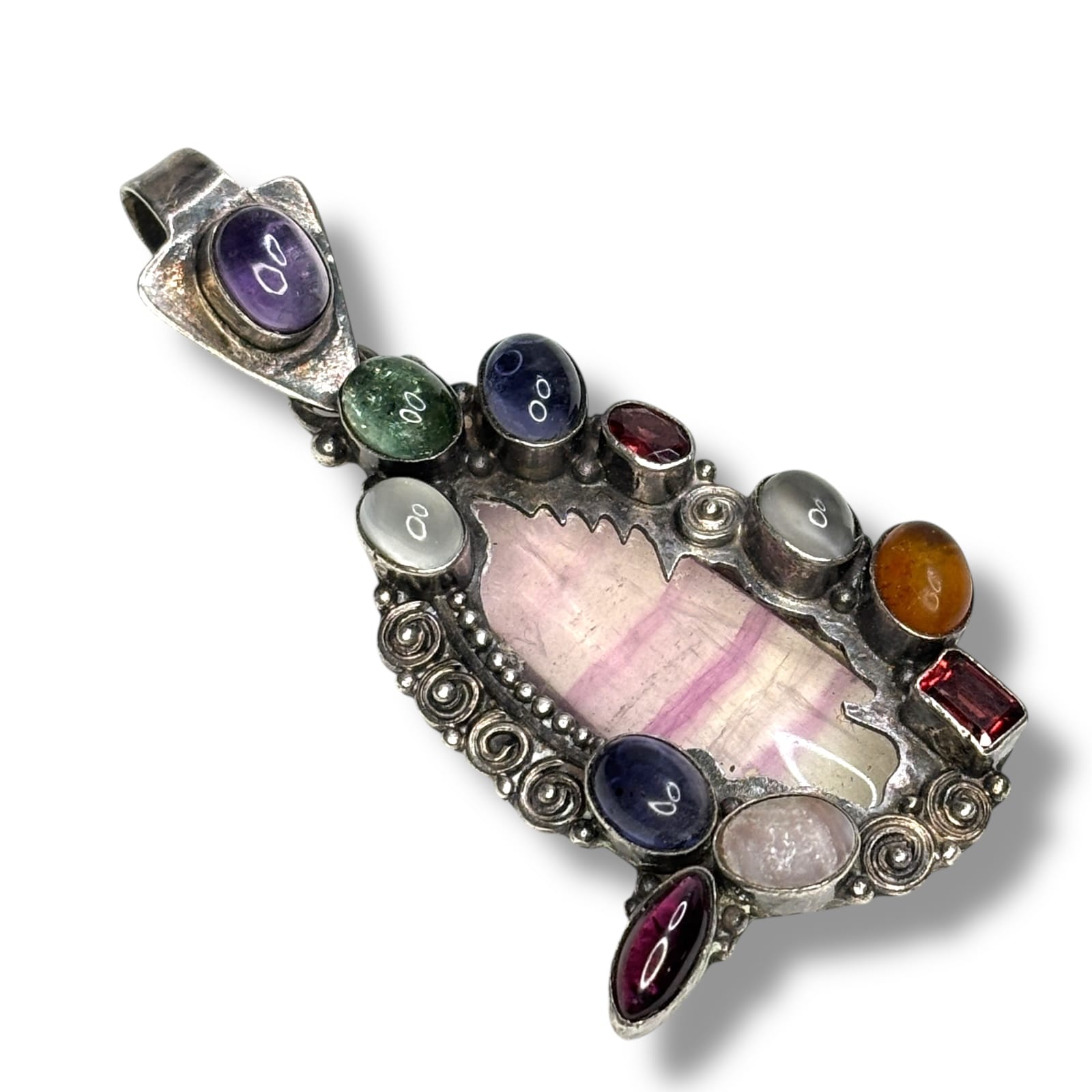 c.1980s Sterling Silver Fluorite Amber Amethyst Multi Gem Artisan Pendant 2.75"