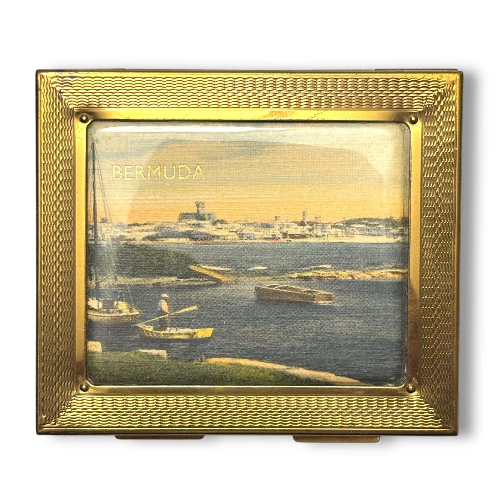 c.1950s Bermuda Souvenir Cigarette Case Gold Tone Scenic Lucite Top Mid-Century