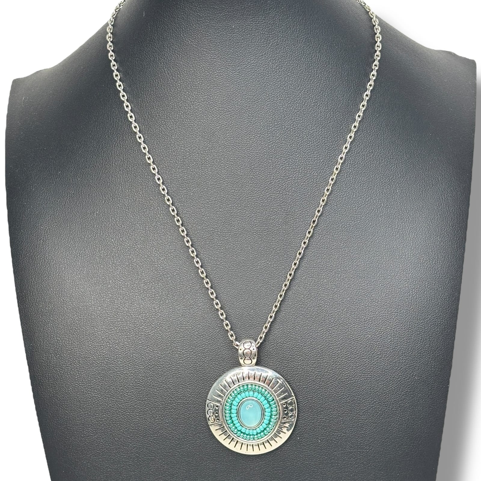 Brighton Silver Tone Turquoise Blue Beaded Pendant Necklace w Heart Tag c.2000s