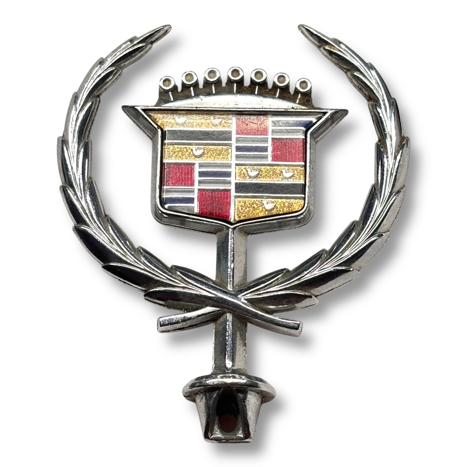c.1980s Cadillac Hood Ornament Crest and Wreath Emblem Silver Tone Metal Badge