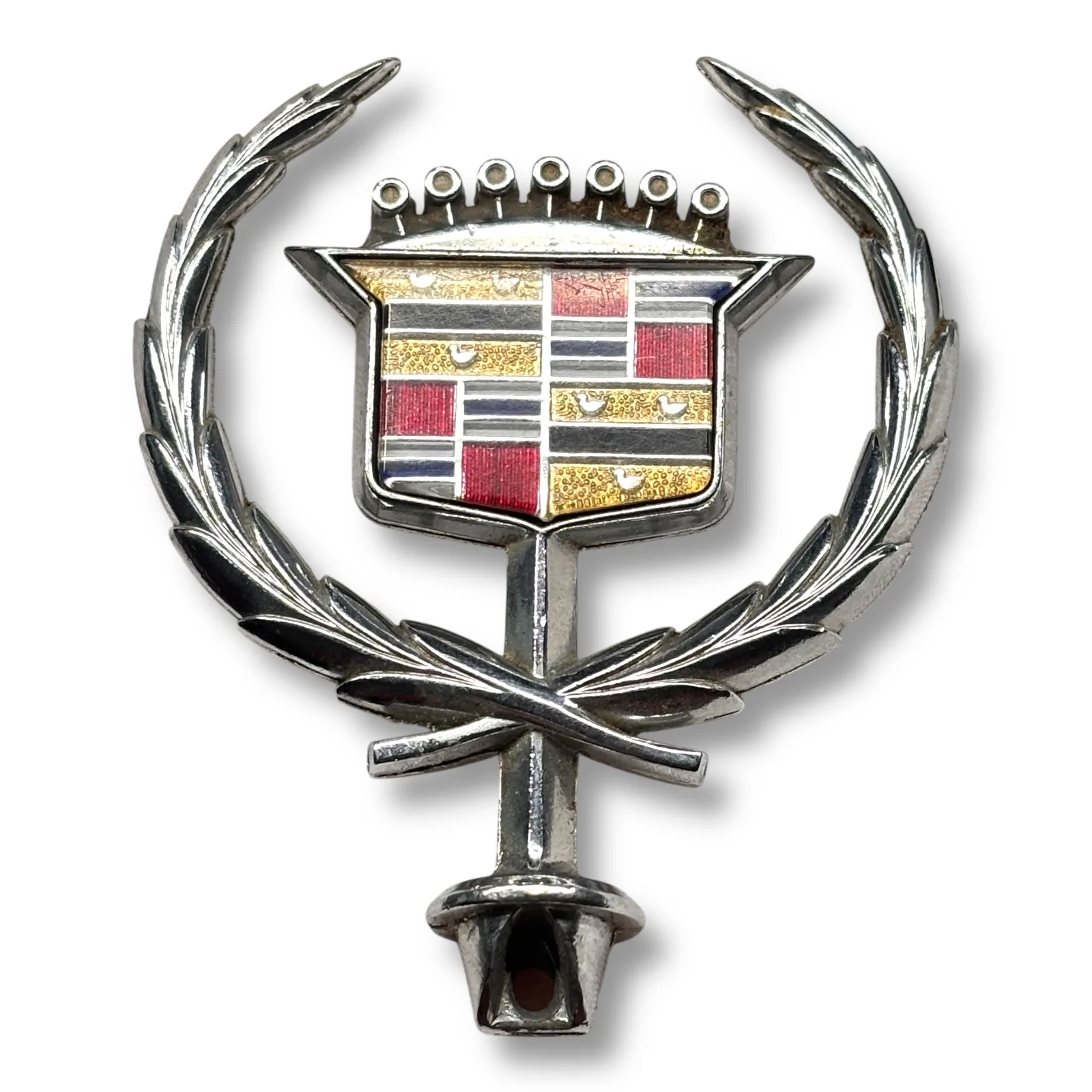 c.1980s Cadillac Hood Ornament Crest and Wreath Emblem Silver Tone Metal Badge