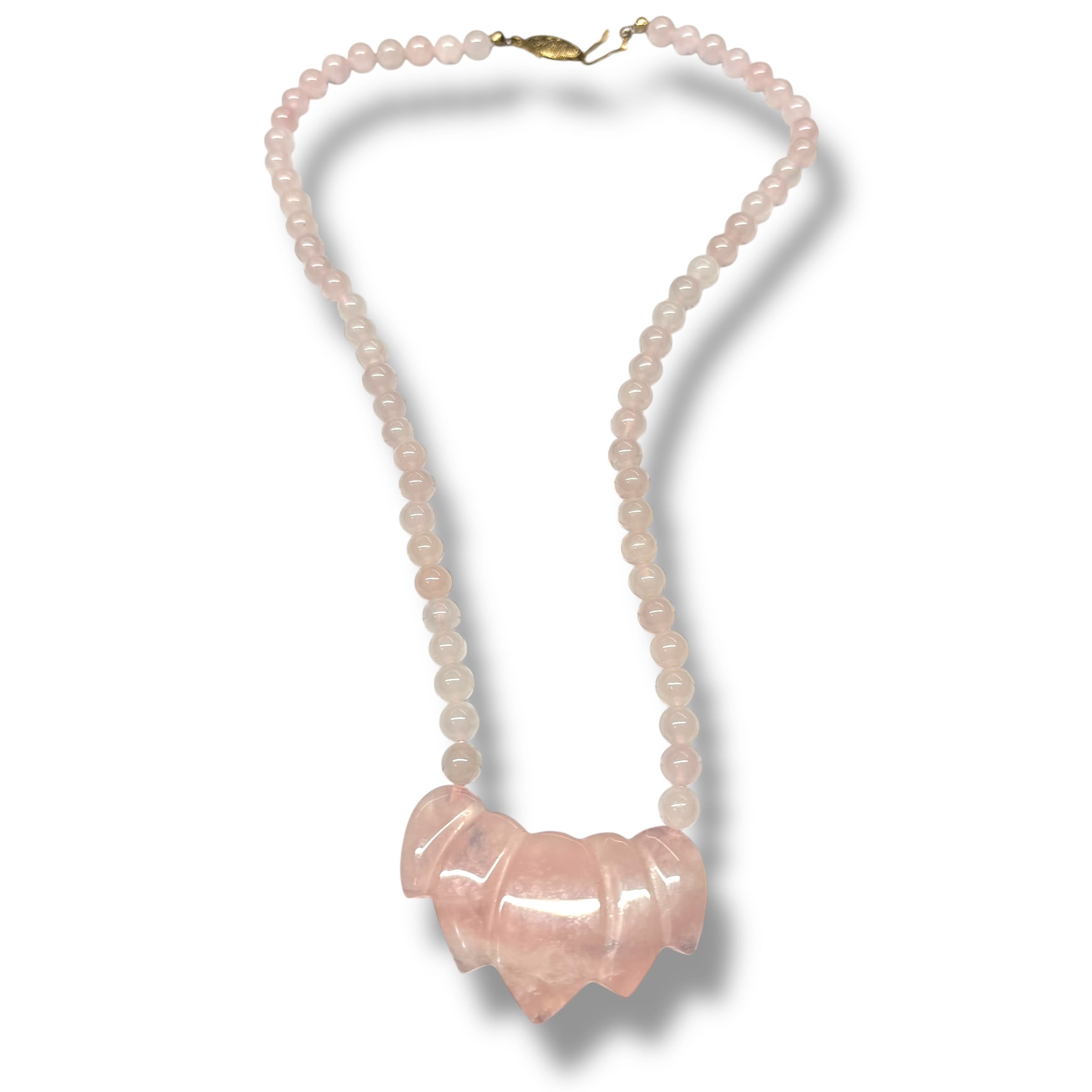 Vintage Carved Rose Quartz Bead Necklace 17" Round Orb Gemstone Strand Gold Tone