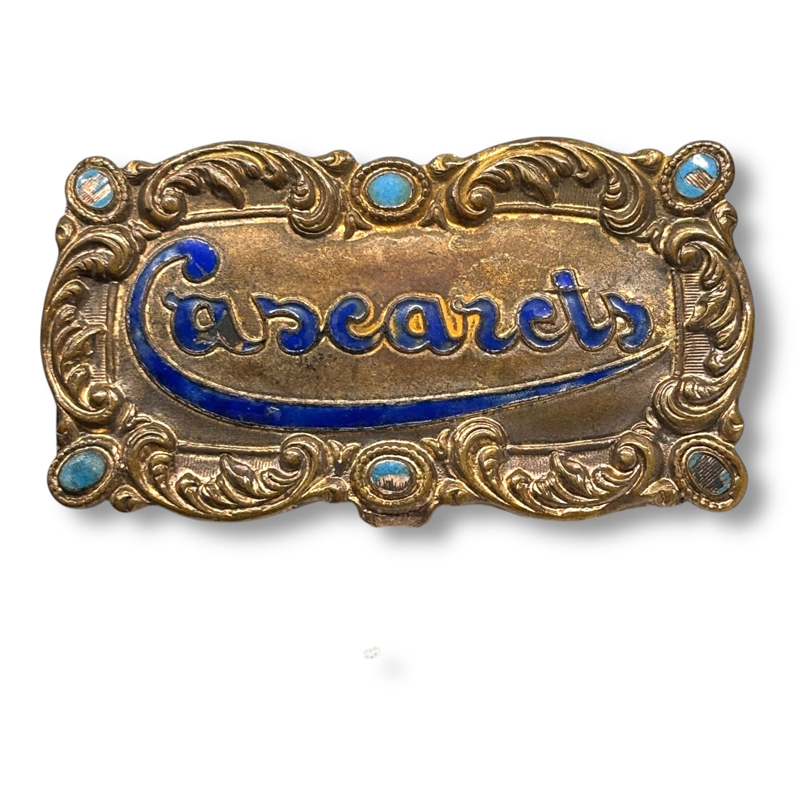 c.1900 Cascarets Art Nouveau Brass Blue Enamel Advertising Hinged Pill Tin Box