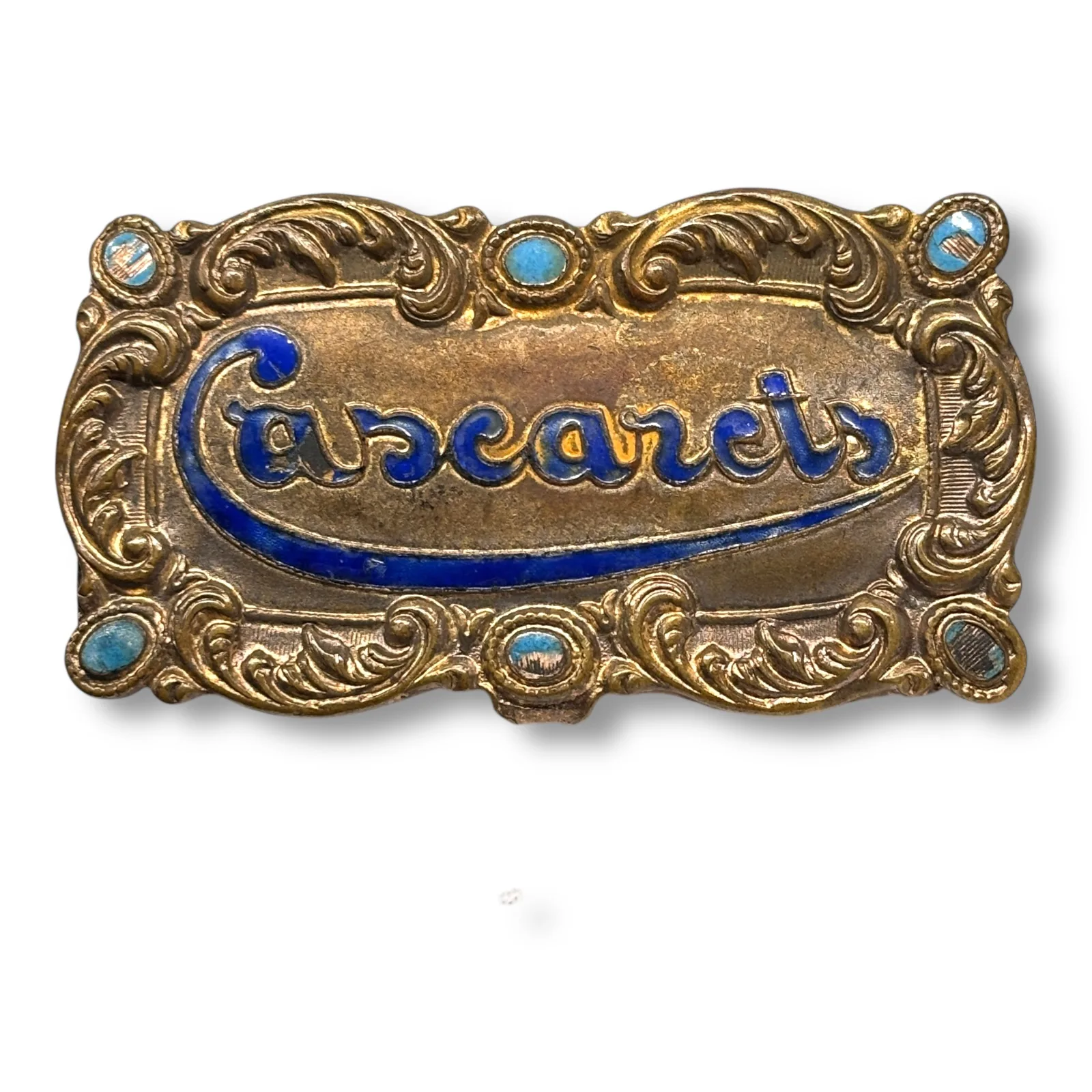 c.1900 Cascarets Art Nouveau Brass Blue Enamel Advertising Hinged Pill Tin Box