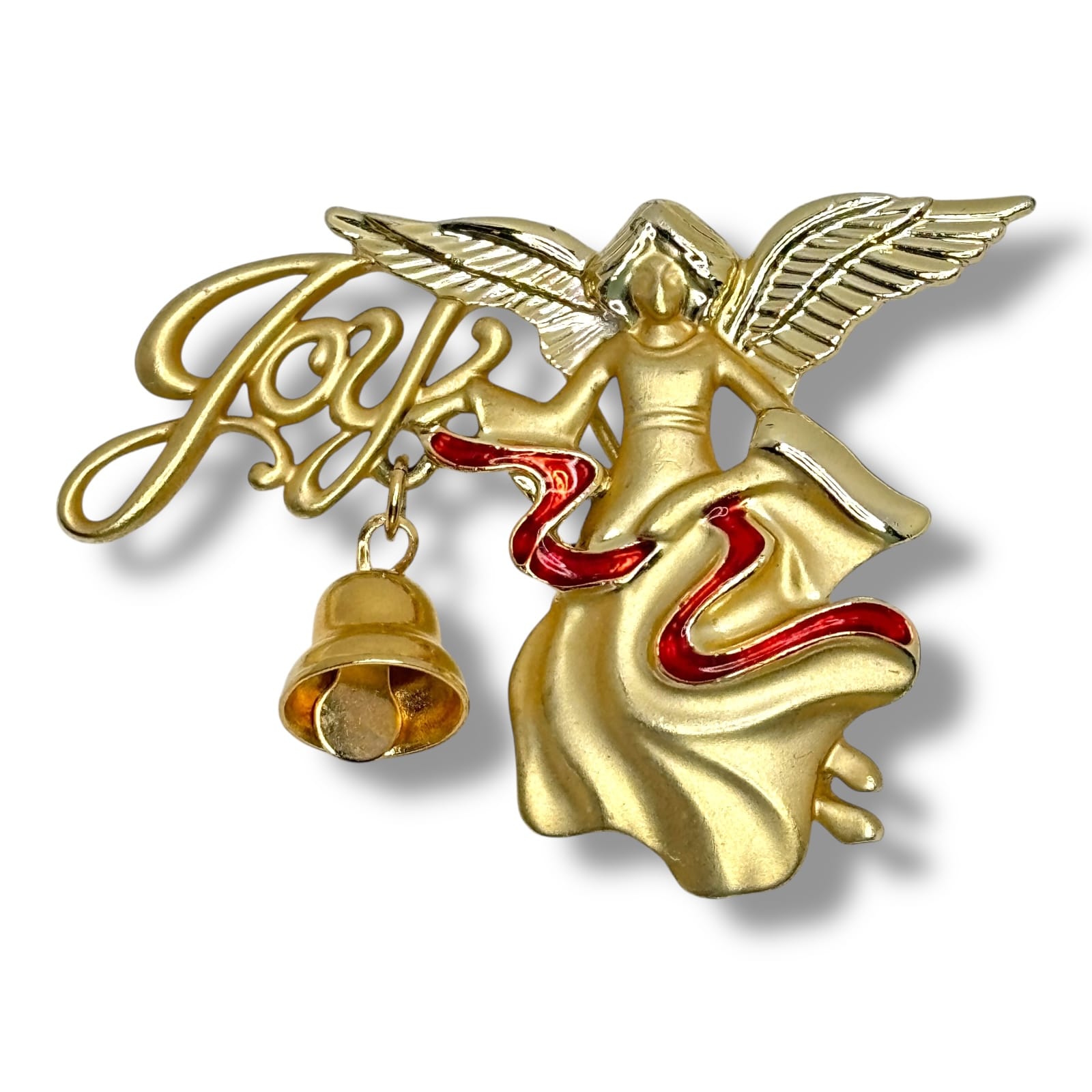 c.1980s Danecraft Joy Angel Brooch w/ Dangling Bell Gold Tone Enamel Signed